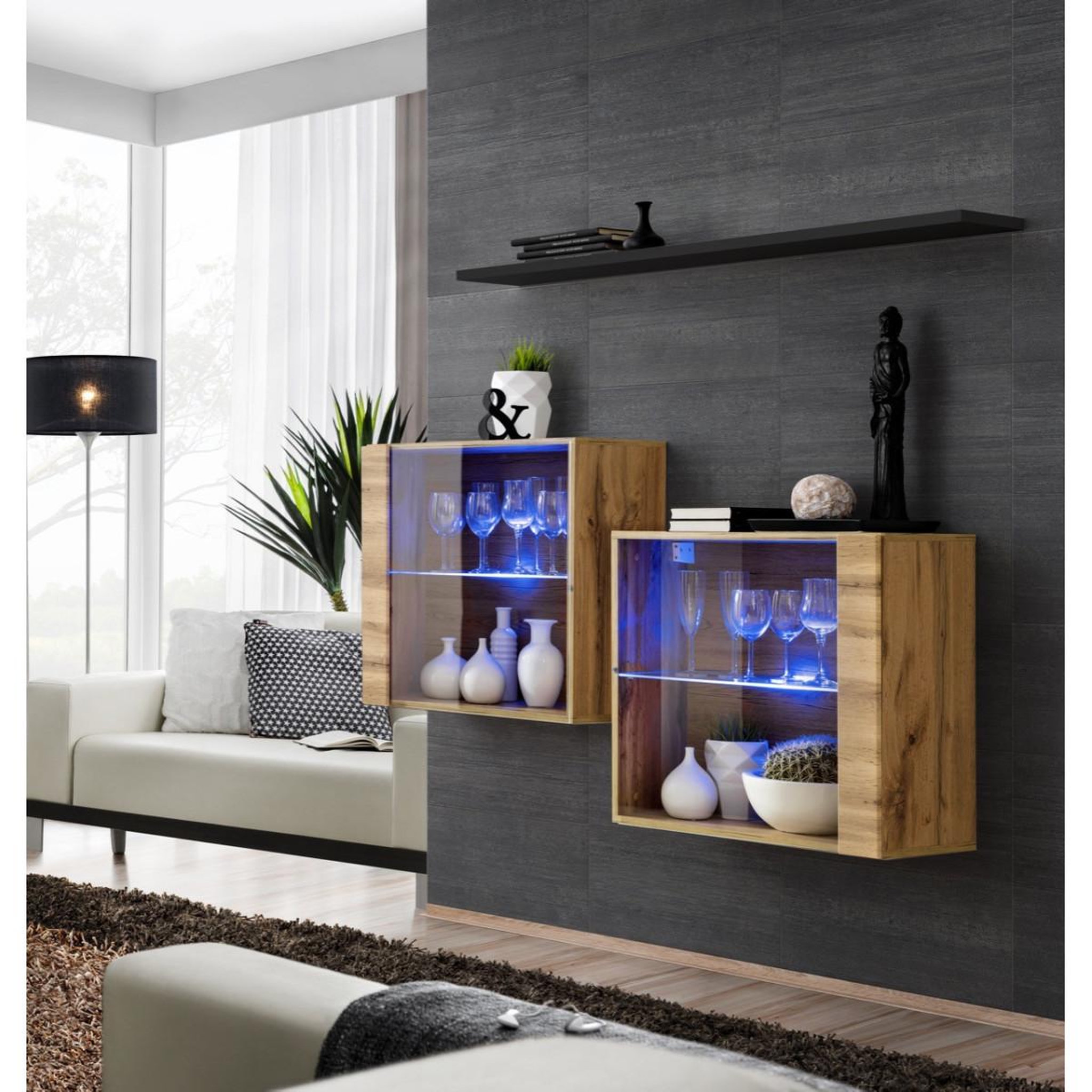Paris Prix Lot de 2 vitrines murales & étagère  switch sbiii  130cm naturel & noir