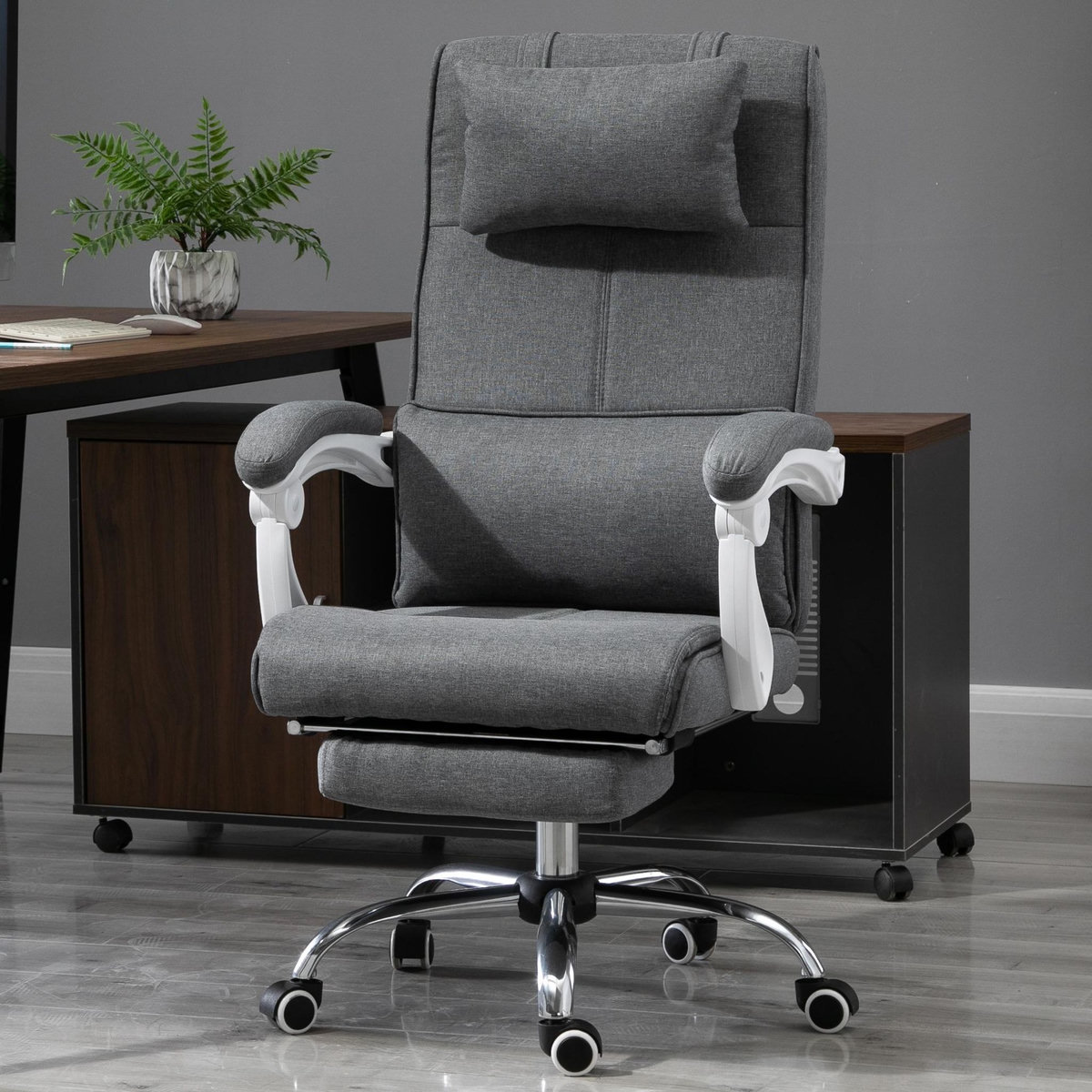 HOMCOM HOMCOM Fauteuil de bureau manager grand confort repose-pied tétière intégrés dossier inclinable lin gris