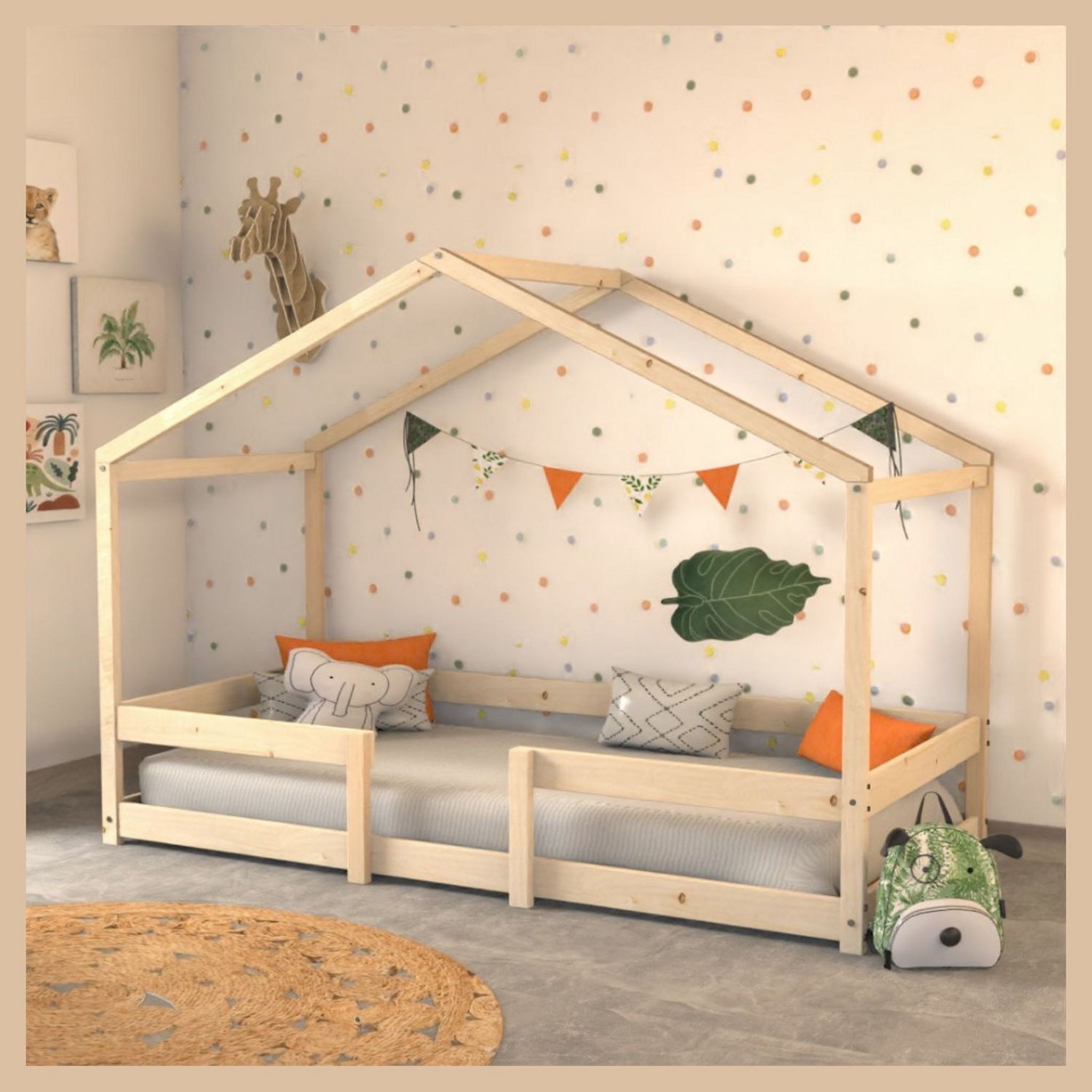 Lit cabane 90x190 cm en bois massif avec sommier et barrière de protection FLORIDA. Coloris disponibles : Blanc, Bois