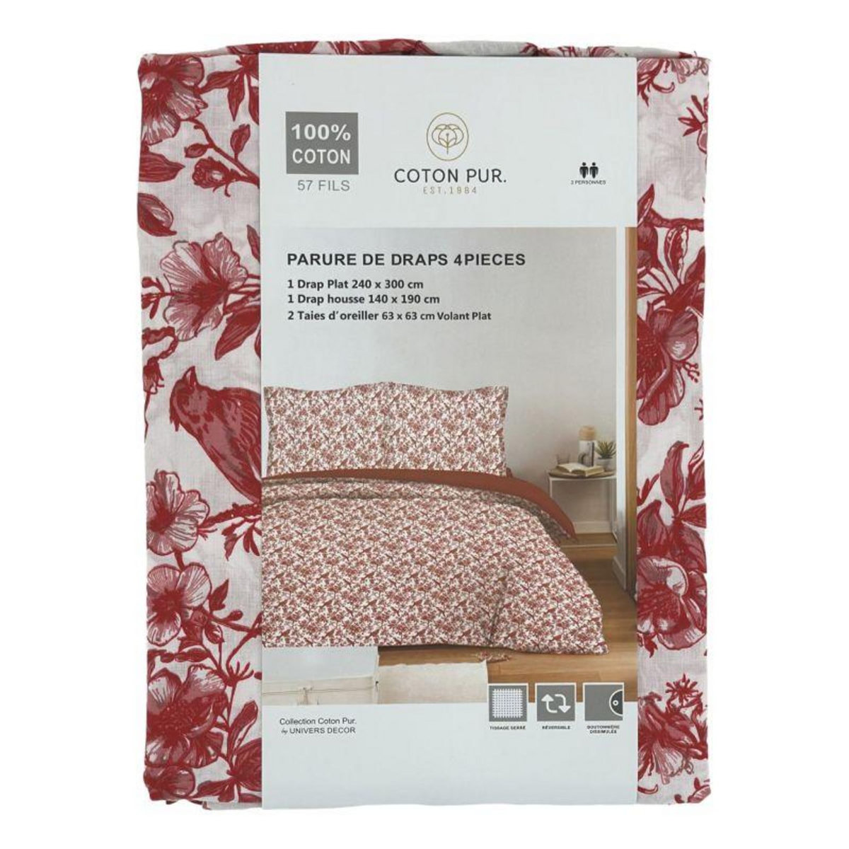 COTON PUR Parure de draps 4 pièces pour lit 140 x 190 cm Bérengère rouge