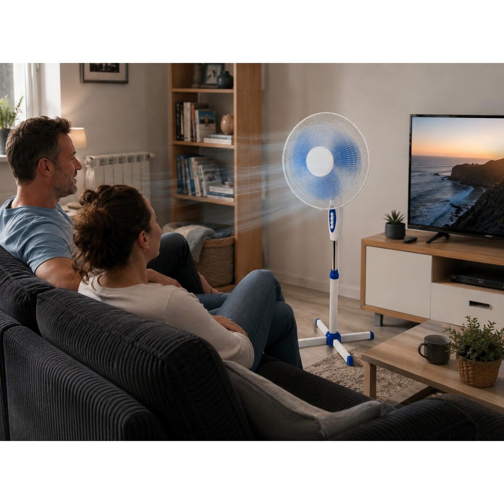 Voir la diapositive 3 : INTEC Ventilateur sur pied portable 45W 40Cm Hauteur réglable 1.30m Brasseur d'air Blanc Bleu 3 vitesses Oscillation Horizontale INTEC