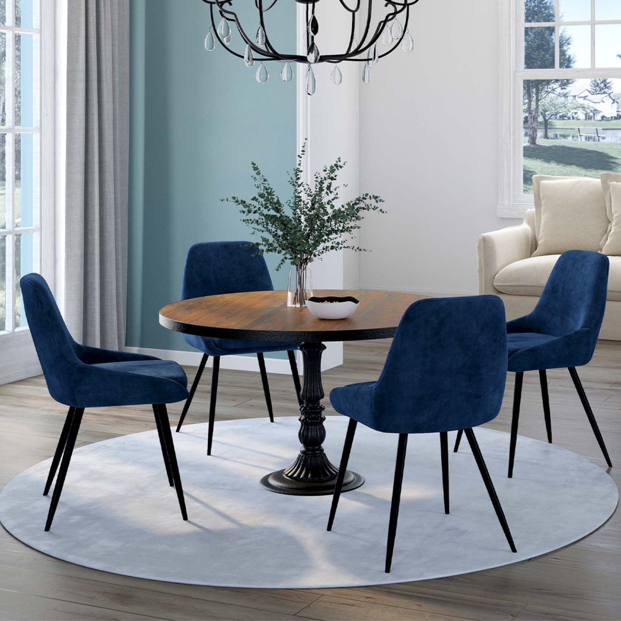 Voir la diapositive 2 : ID MARKET Lot de 4 chaises thalya en velours bleu avec accoudoirs