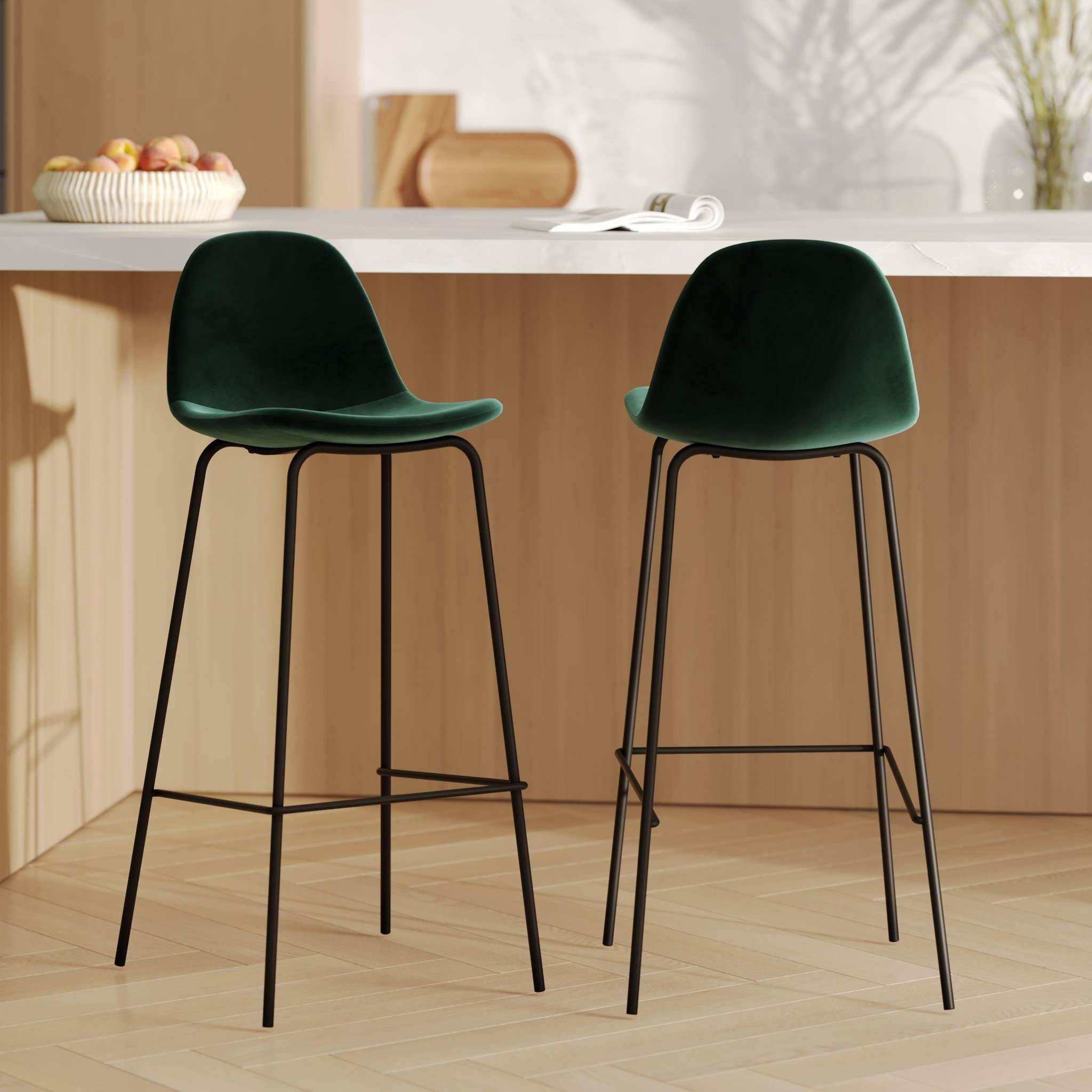 Voir la diapositive 2 : MAISON PAVANE Lot de 2 chaises de bar en velours vert foncé 75 cm-henrik