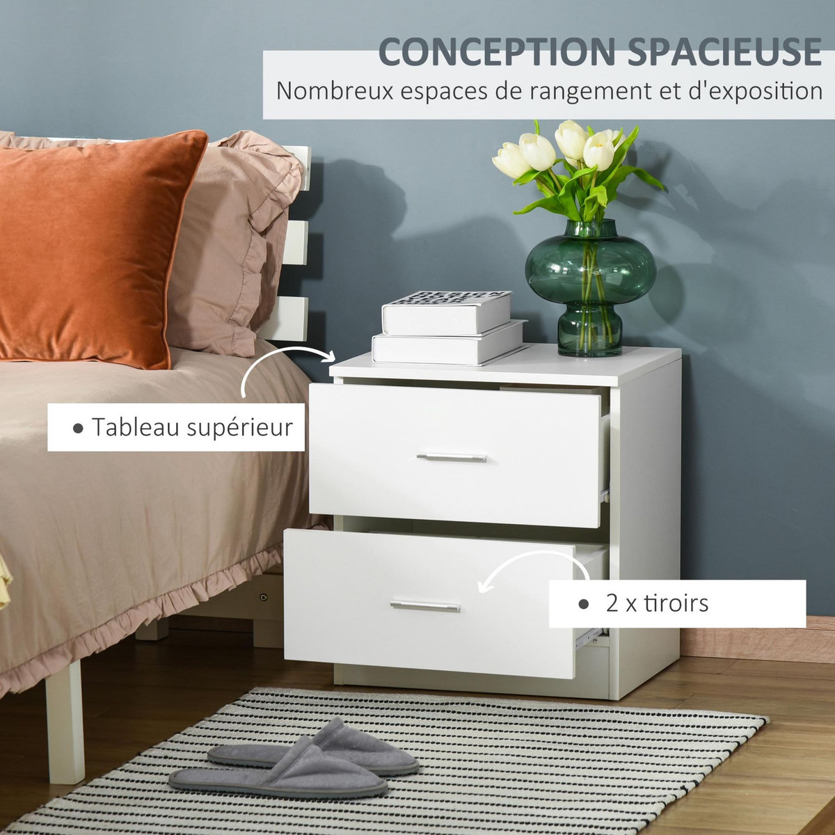 HOMCOM Chevet table de nuit style contemporain 2 tiroirs poignées alu blanc