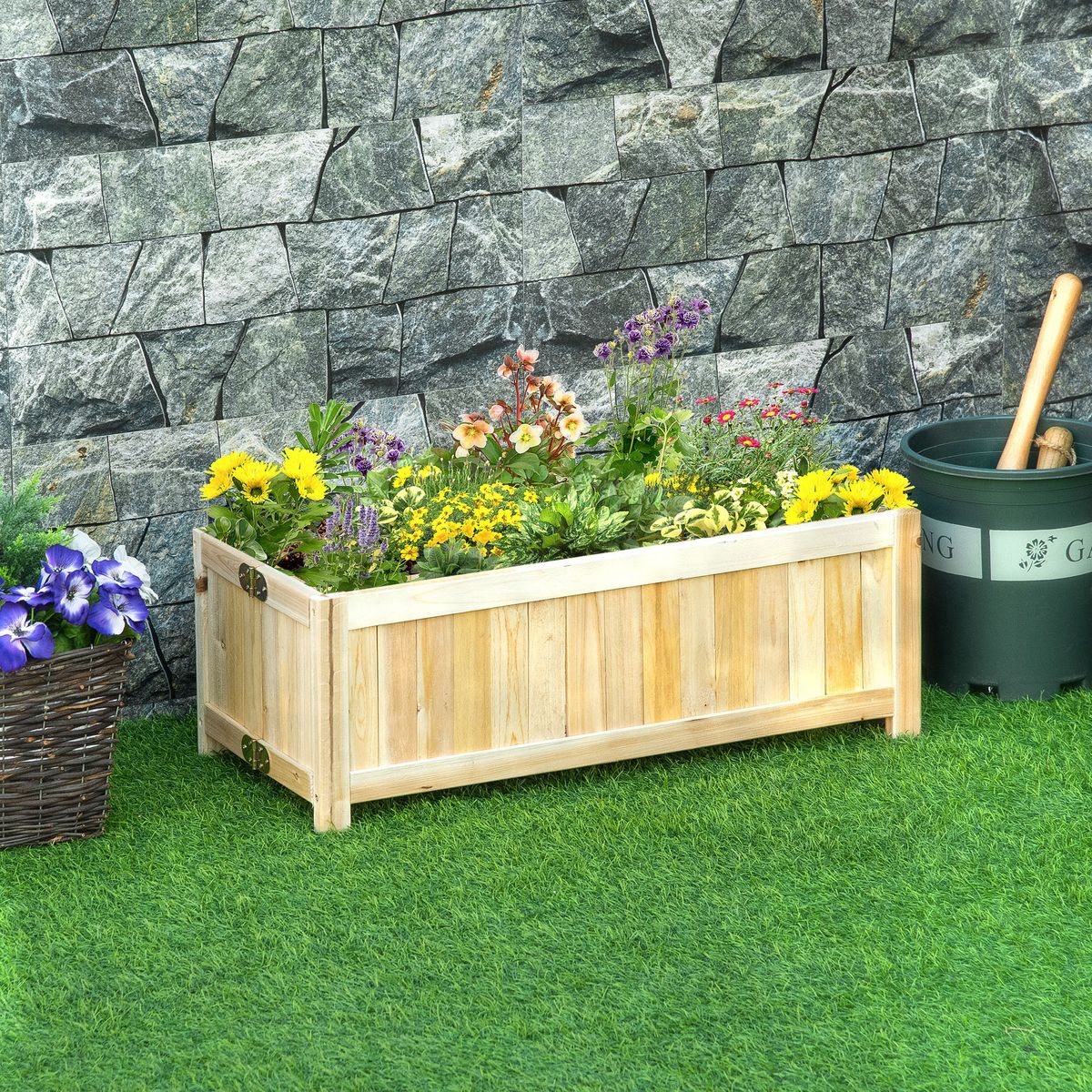 OUTSUNNY Jardinière sur pied pliable bac à fleurs dim. 70L x 30l x 25H cm corps aspect lattes bois sapin pré-huilé