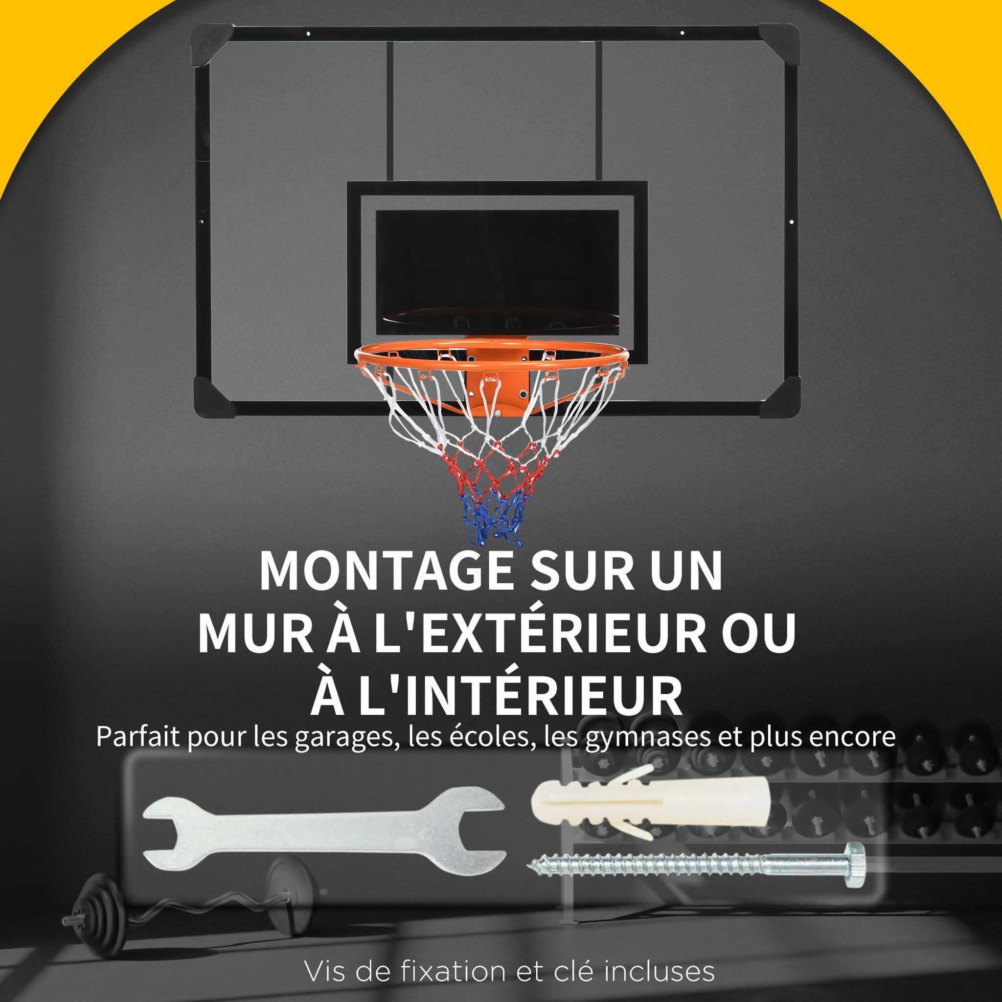 Voir la diapositive 4 : HOMCOM Panier de basketball mural - kit d'installation inclus - acier polycarbonate noir transparent