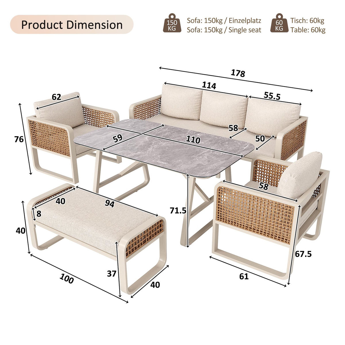 MERAX Salon de jardin 7 places en acier avec table d'appoint, coussins lavables, pieds réglables, beige