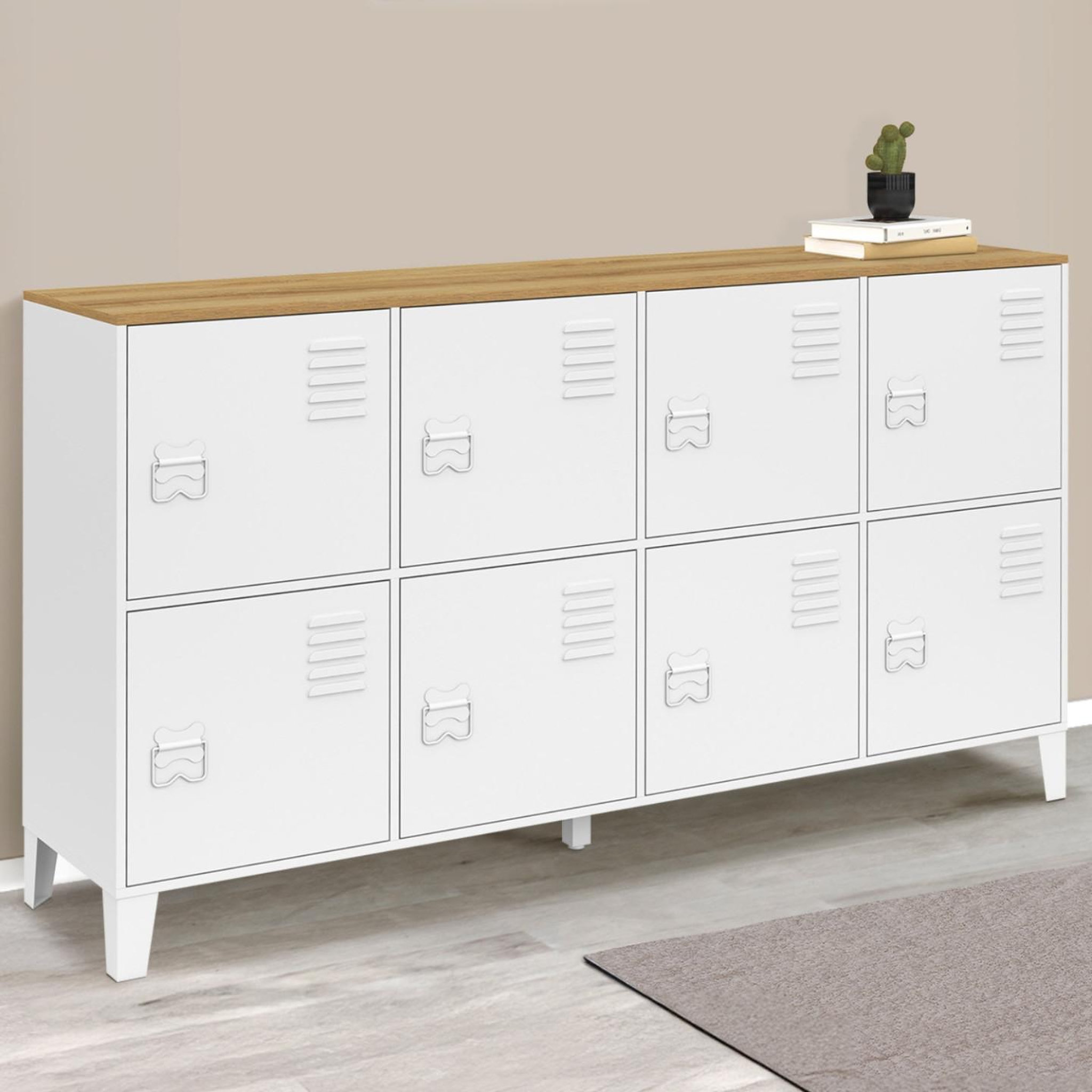 Voir la diapositive 2 : ID MARKET Buffet casier 139 cm ester 8 portes en métal blanc plateau bois design industriel