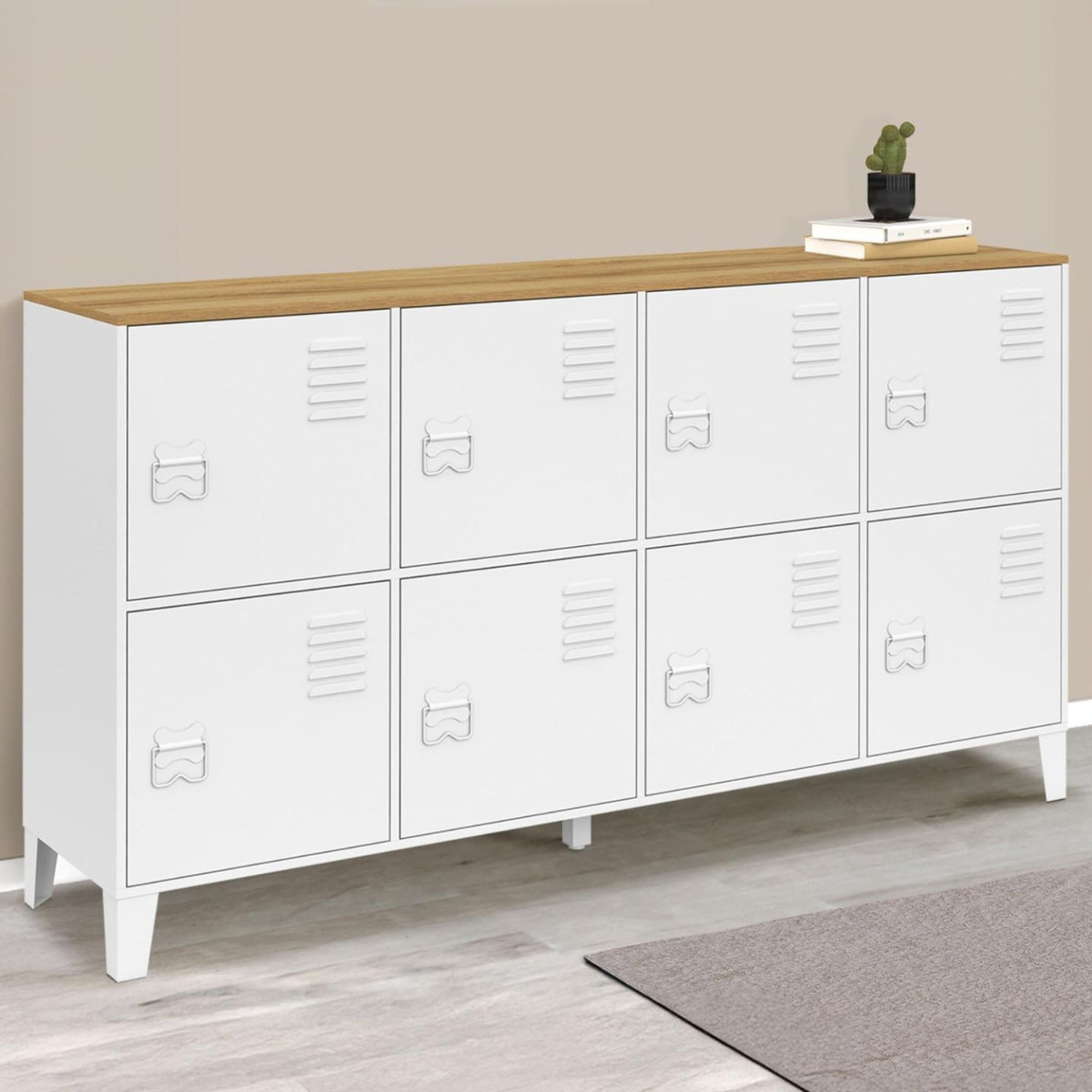 ID MARKET Buffet casier 139 cm ESTER 8 portes en métal blanc plateau bois design industriel