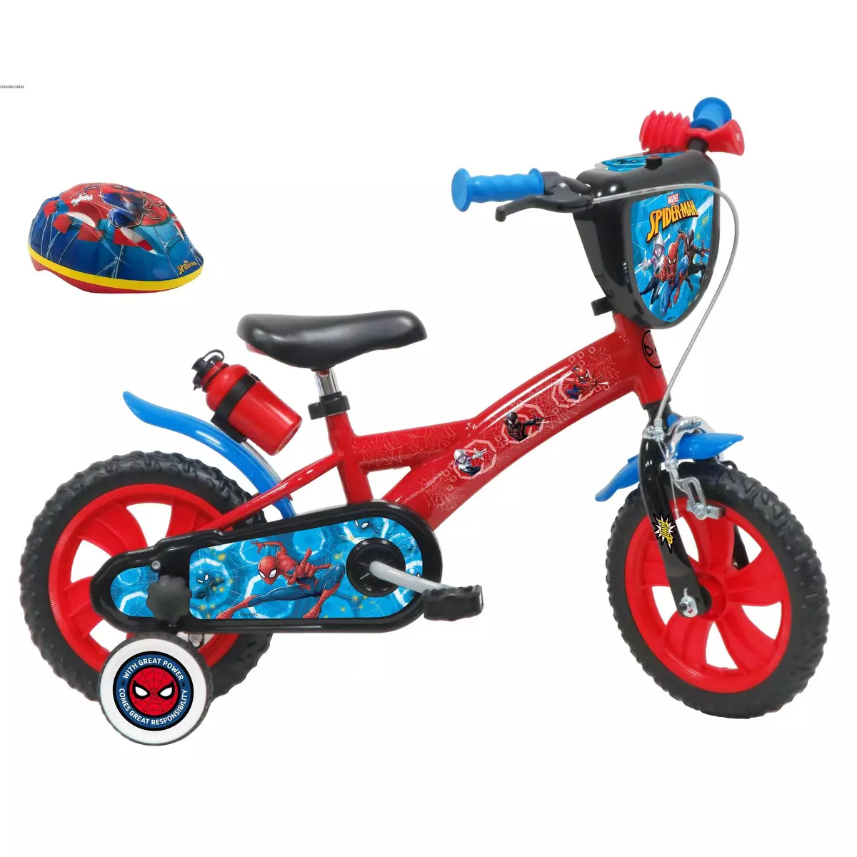 Marvel Vélo 12  Garçon Licence  Spiderman  + Casque pour enfant de 85/100 cm  avec stabilisateurs à molettes - 1 frein - Plaque décorative avant - Porte bidon