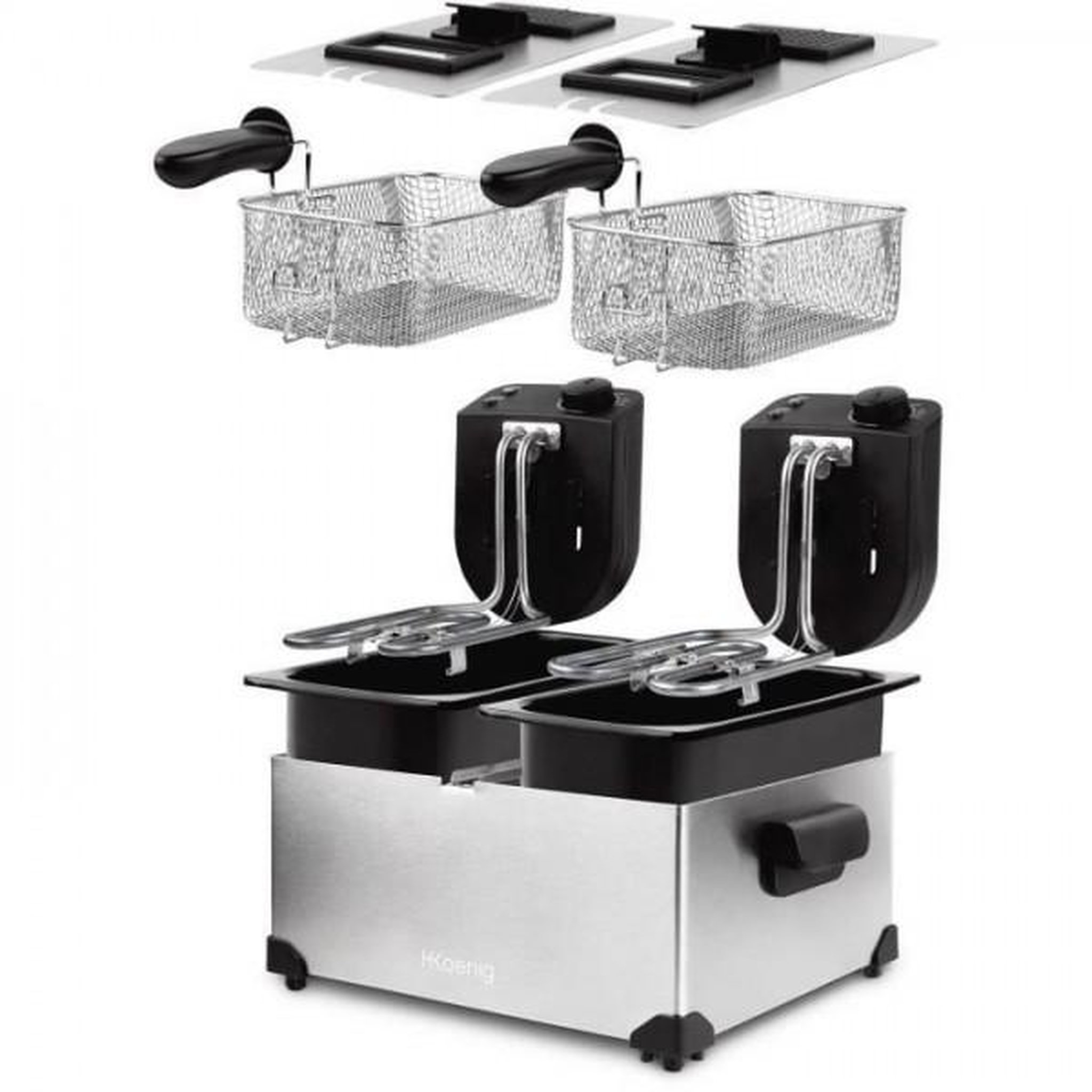 Voir la diapositive 4 : HKOENIG Friteuse Electrique  HKoeNIG - DFX600 - Double Cuve 2x3L - Thermostats indépendants - Paniers amovibles - Acier inoxydable - 3600W