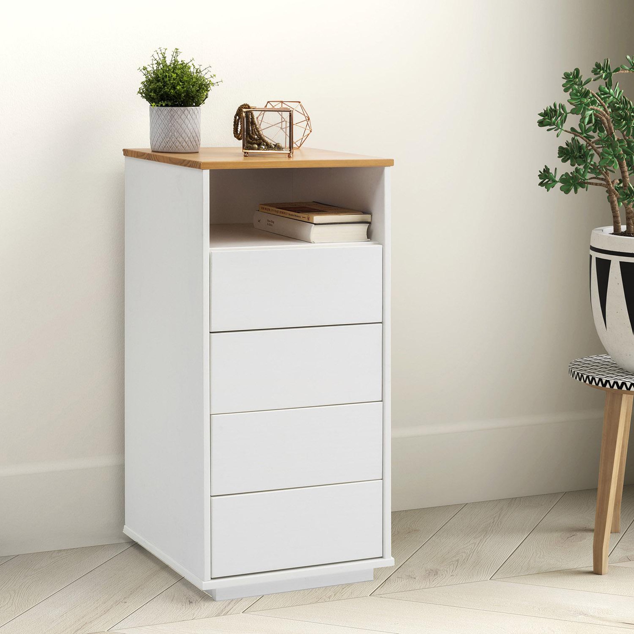 Voir la diapositive 5 : VS VENTA-STOCK Chiffonnier Bob 4 tiroirs 1 niche blanc/chêne, bois massif