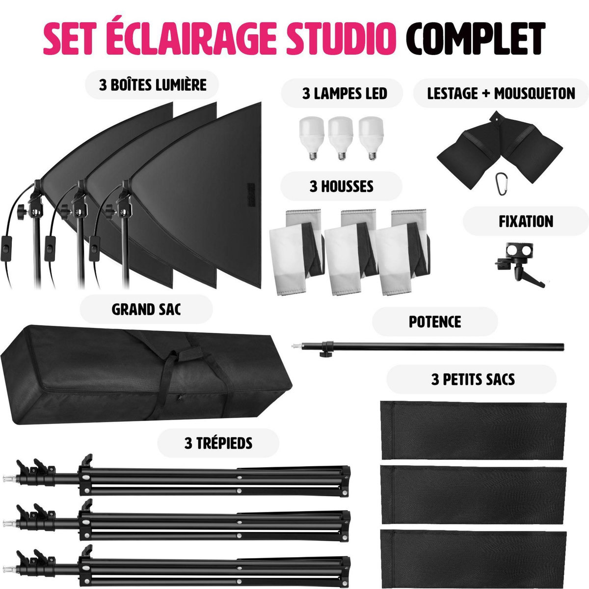 tectake Kit éclairage studio 3 Lampes + Softbox + Trépieds