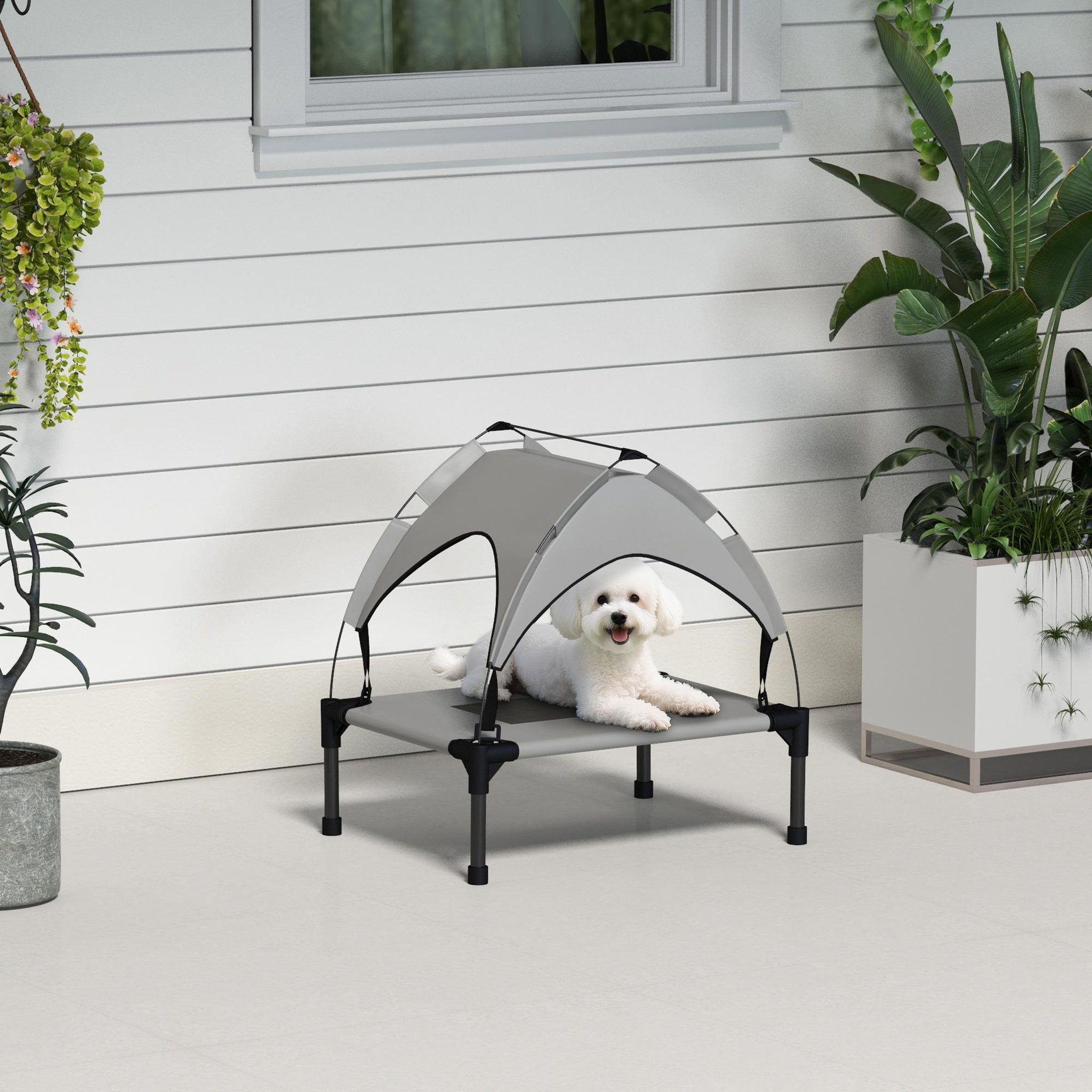 Voir la diapositive 4 : PAWHUT Lit chien surélevé - lit de camp chien - velum textilène micro-perforé sac transport gris