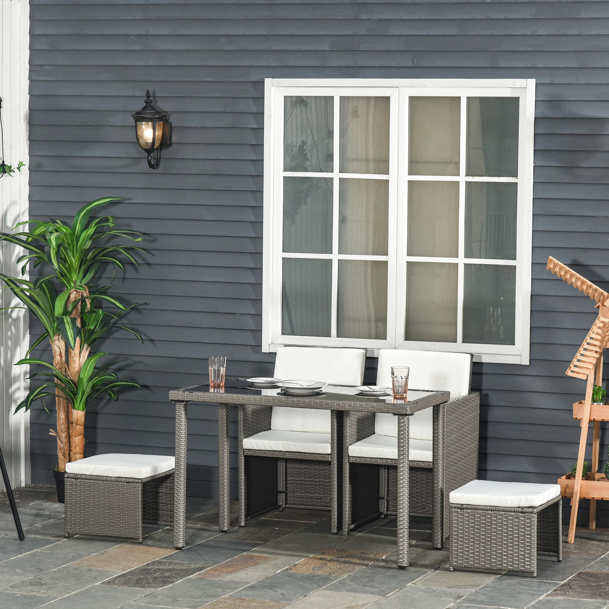 Voir la diapositive 2 : OUTSUNNY Outsunny Ensemble salon de jardin encastrable 2 fauteuils monoblocs + 2 tabourets + table basse résine tressée coussins déhoussables crème gris