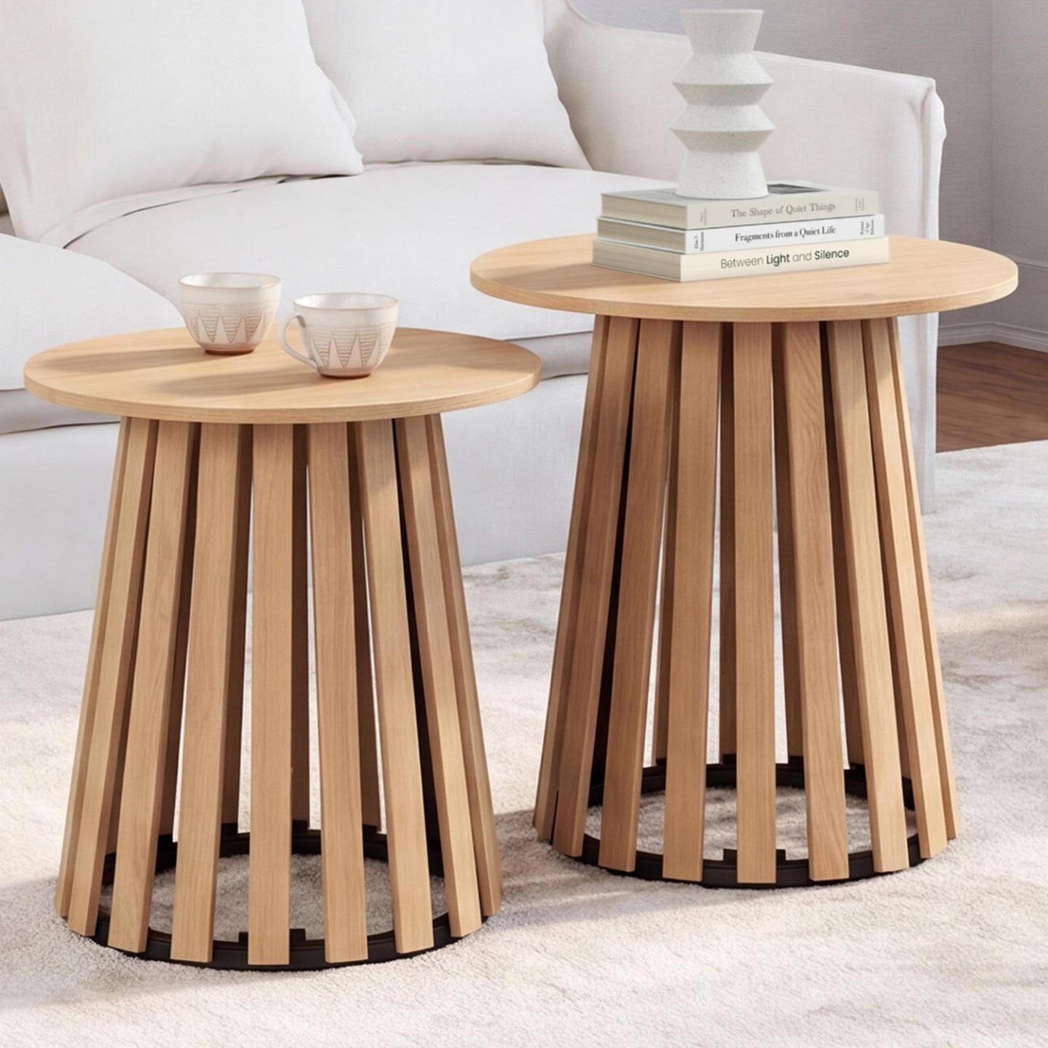Voir la diapositive 2 : ID MARKET Lot de 2 tables d'appoint rondes, bouts de canapé, tables de chevet carmen 40/45 cm pied bois en lattes et plateau bois