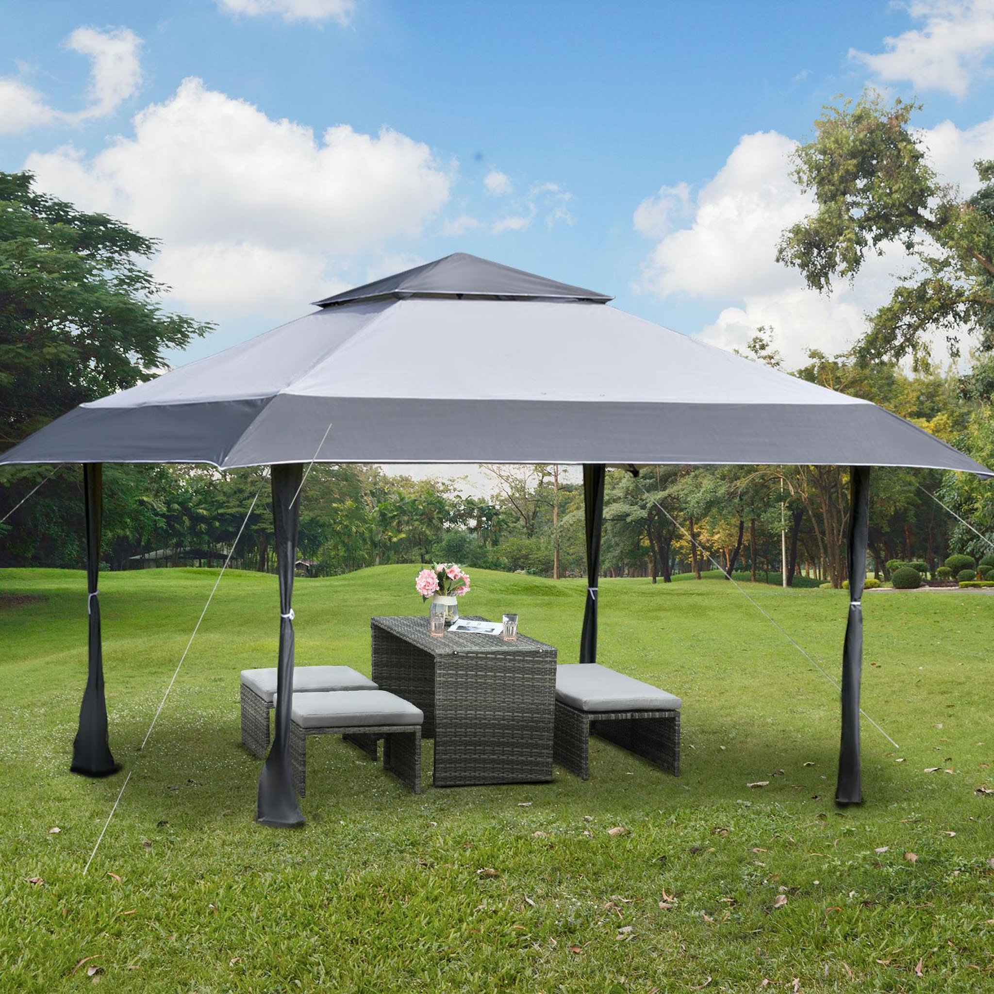 Voir la diapositive 3 : OUTSUNNY Tonnelle barnum de jardin pop-up pliant 3,96L x 3,96l x 2,68H m acier polyester sac transport à roulettes gris