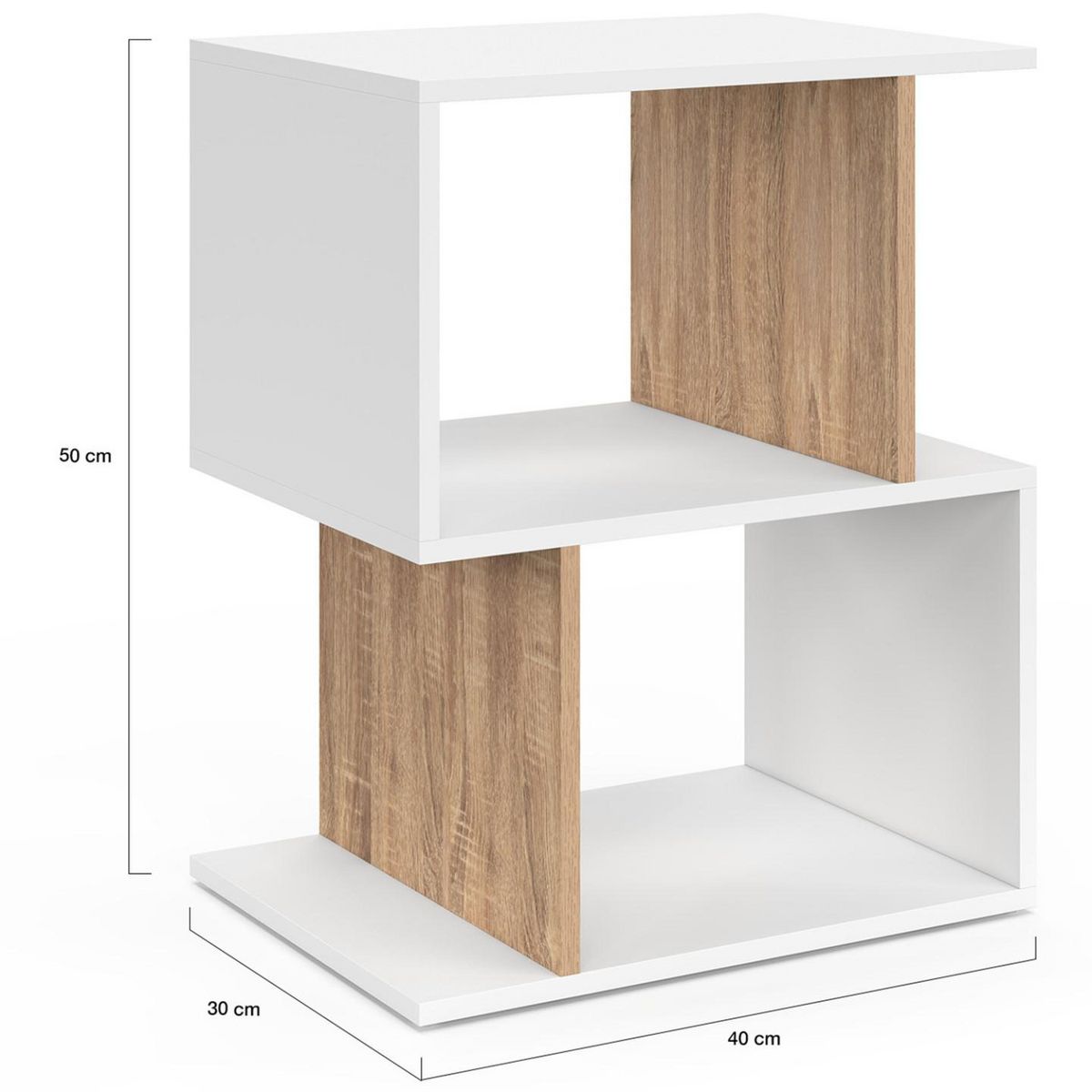 ID MARKET Lot de 2 tables de chevet SOFIA forme S avec rangements ouverts blanc et effet hêtre