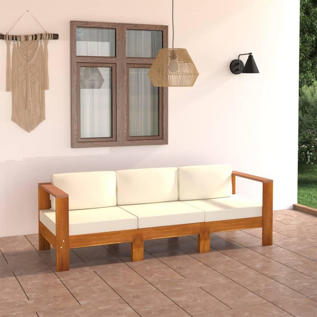 VIDAXL Canape de jardin 3 places et coussins blanc creme Bois d'acacia