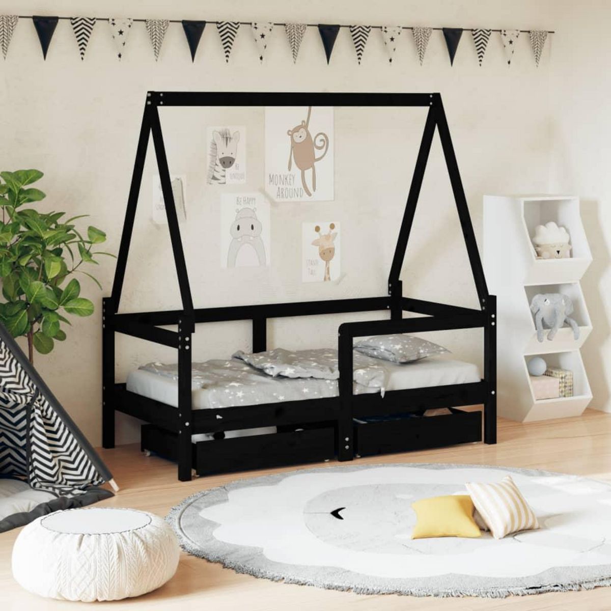 VIDAXL Cadre de lit enfant avec tiroirs noir 70x140 cm bois pin massif