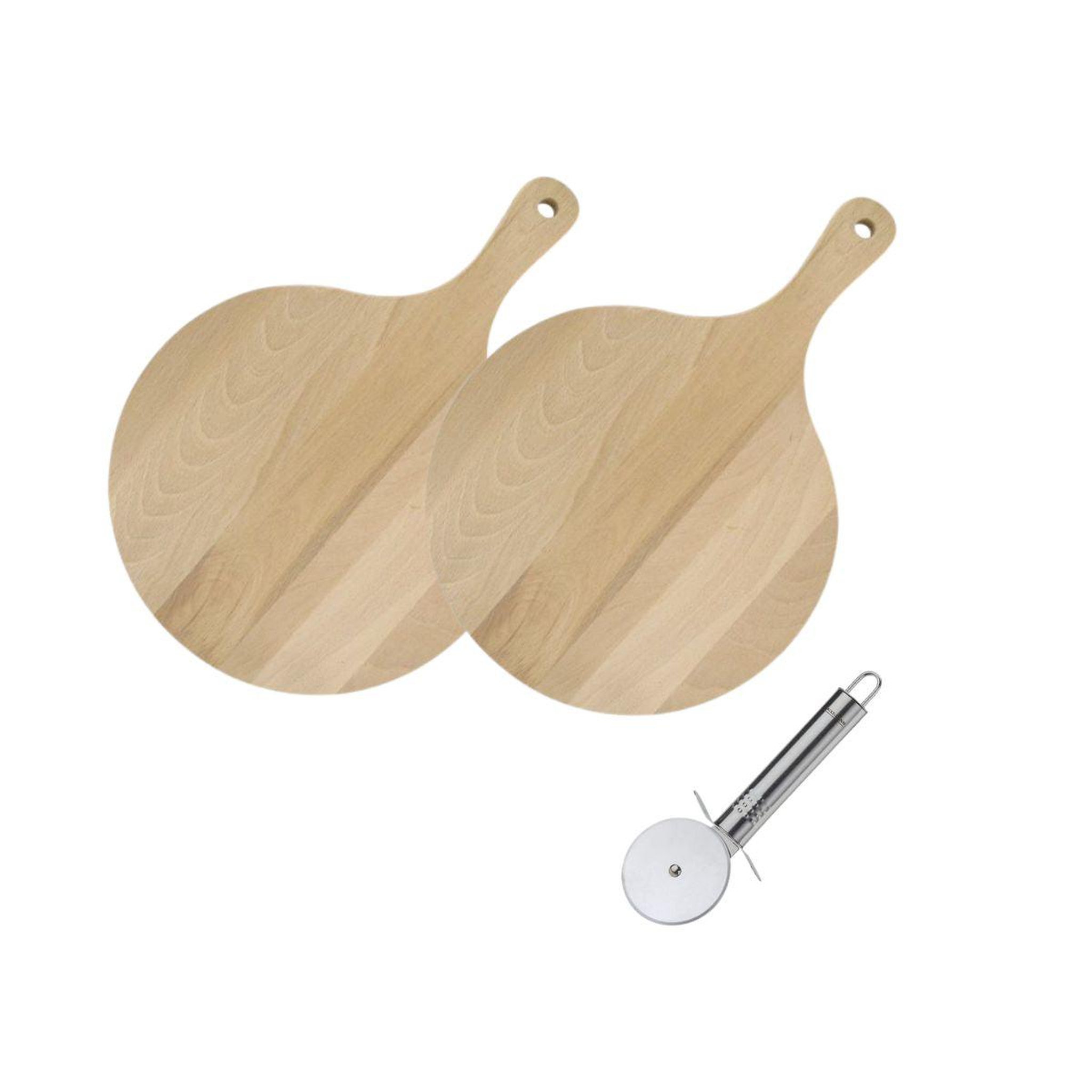 Voir la diapositive 1 : Fackelmann 2 planches à pizza et tarte flambée en bois 30 cm et roulette à pizza en inox fackelmann