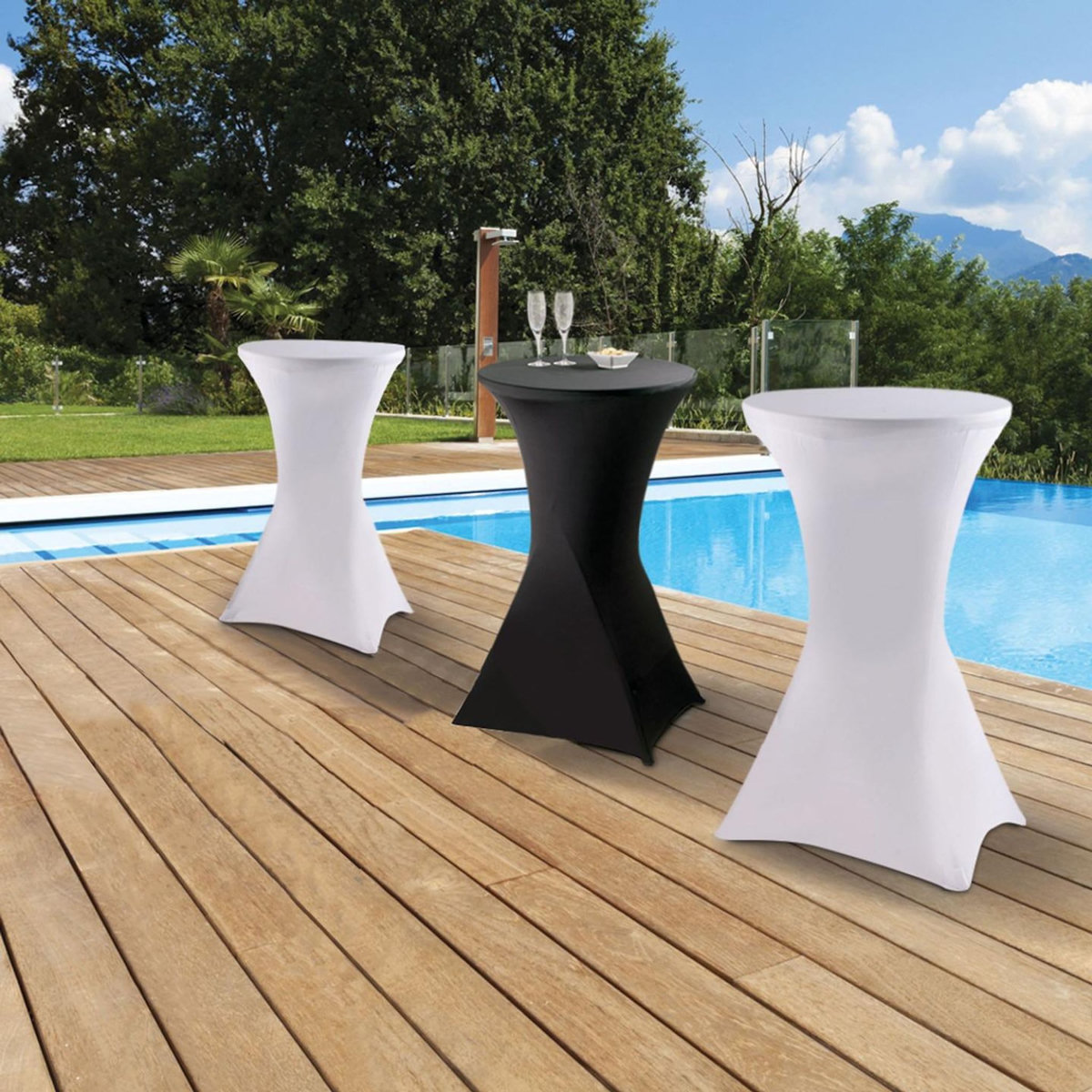 ID MARKET Lot de 2 tables hautes pliantes 105 CM et 2 housses blanches