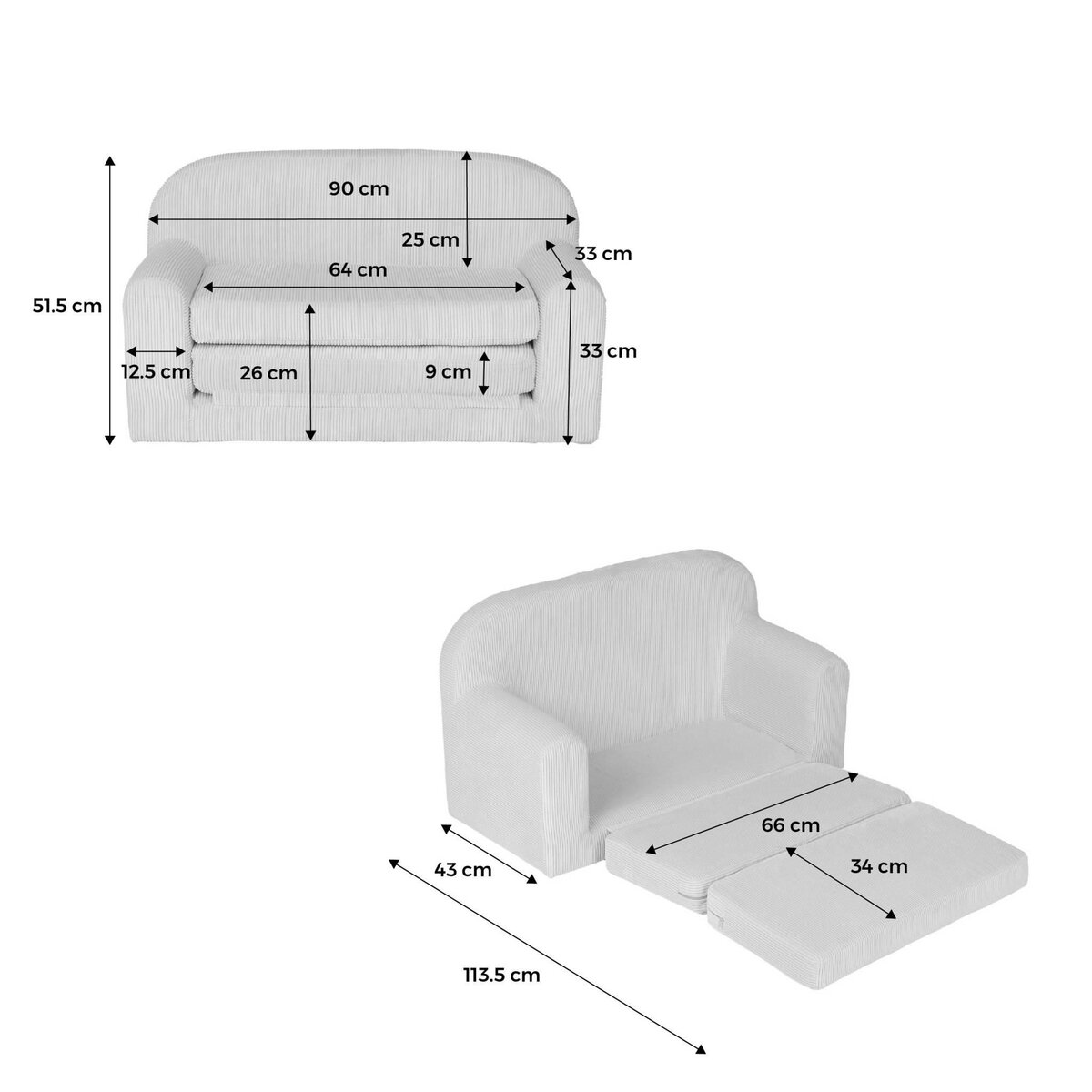 SWEEEK Canapé lit enfant en velours côtelé dépliable. couleur crème. L 90 x P 43 x H 51.5 cm