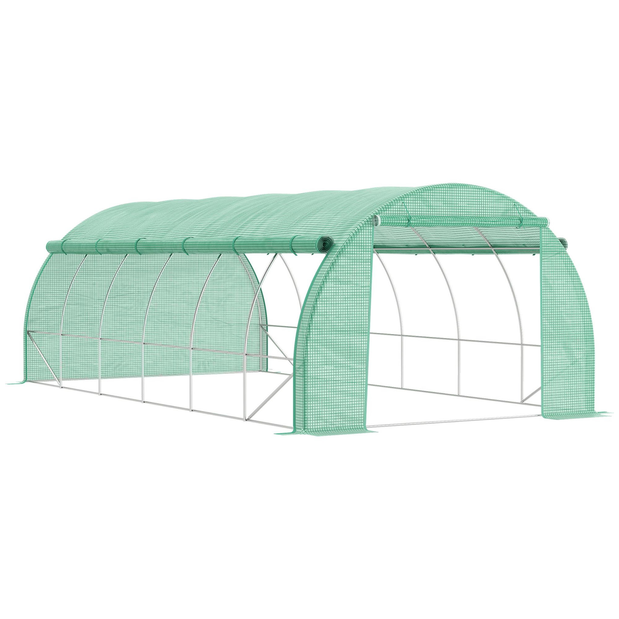 OUTSUNNY Serre de jardin 18 m² porte parois latérales zippées enroulables 8 fenêtres acier PE haute densité vert
