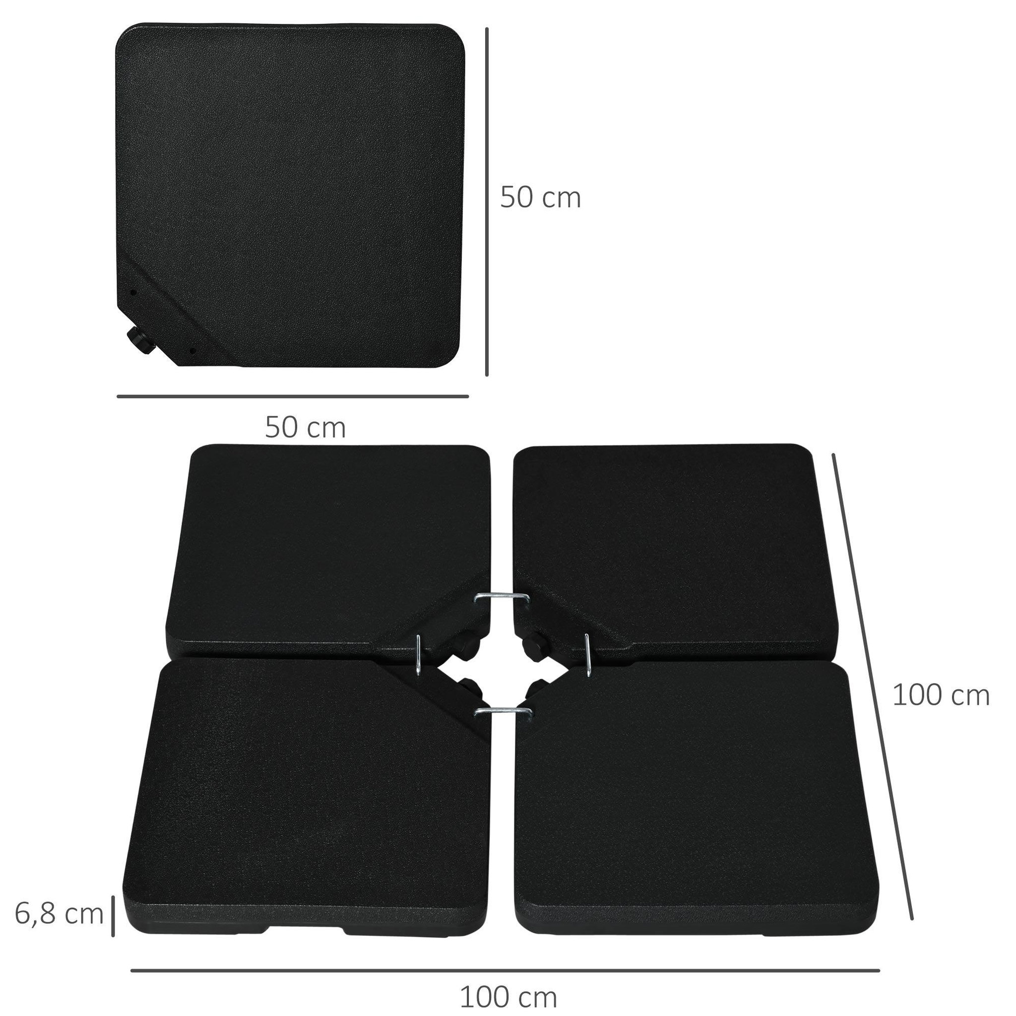 Voir la diapositive 3 : OUTSUNNY Pied de parasol lot de 4 dalles pour parasol à lester dim. tot. 100L x 100l x 6,8H cm HDPE surface granuleuse noir
