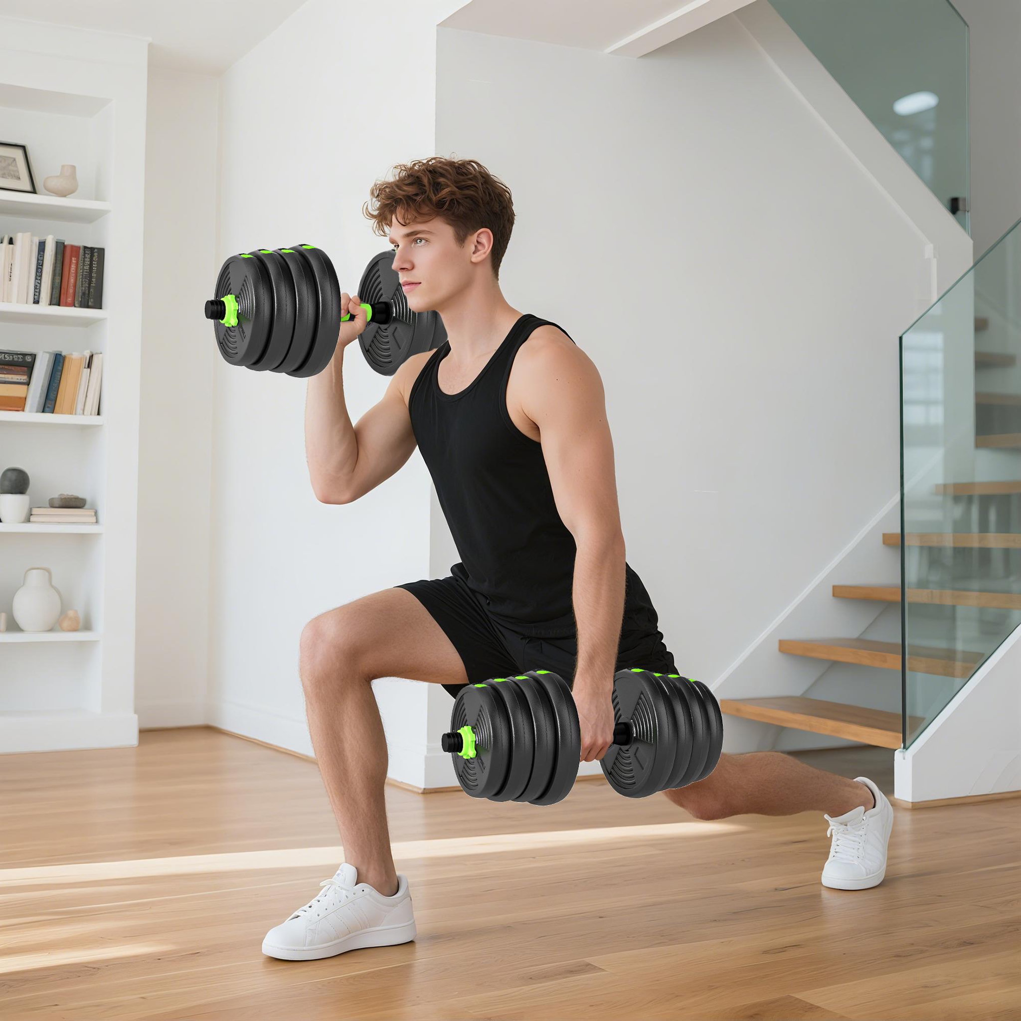 Voir la diapositive 2 : HOMCOM Ensemble d'haltères musculation multifonction 3 en 1 - haltères, olympic barre, curl ez barre - total 30kg - pvc vert noir