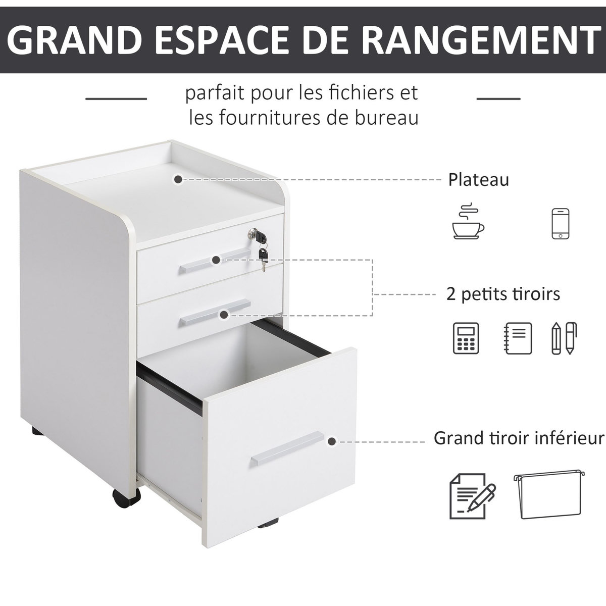 HOMCOM HOMCOM Caisson de bureau rangement bureau sur roulettes 3 tiroirs 1 verrouillable 1 trieur dossiers MDF panneaux particules blanc