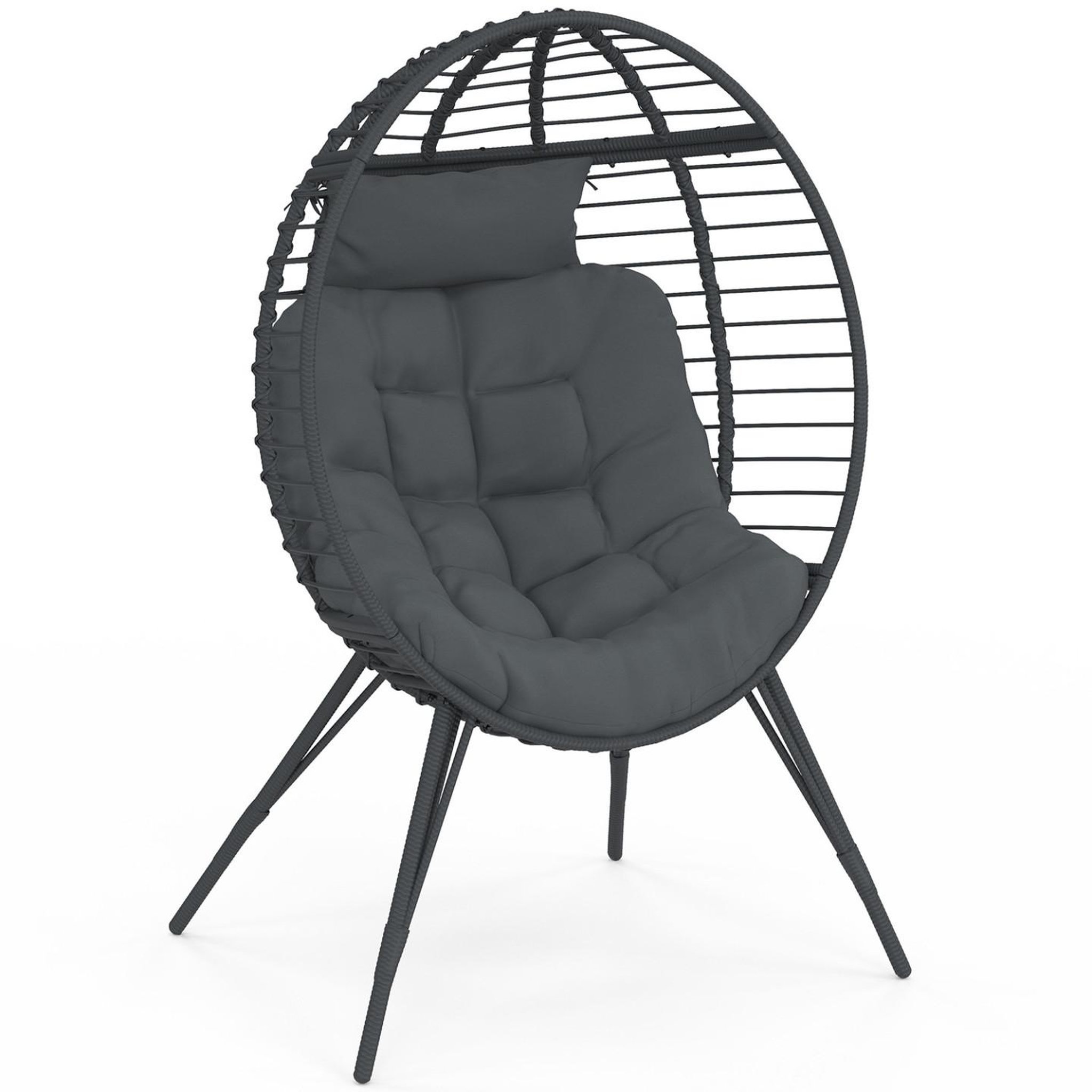 ID MARKET Fauteuil oeuf sur pied ajouré gris effet rotin avec coussin gris