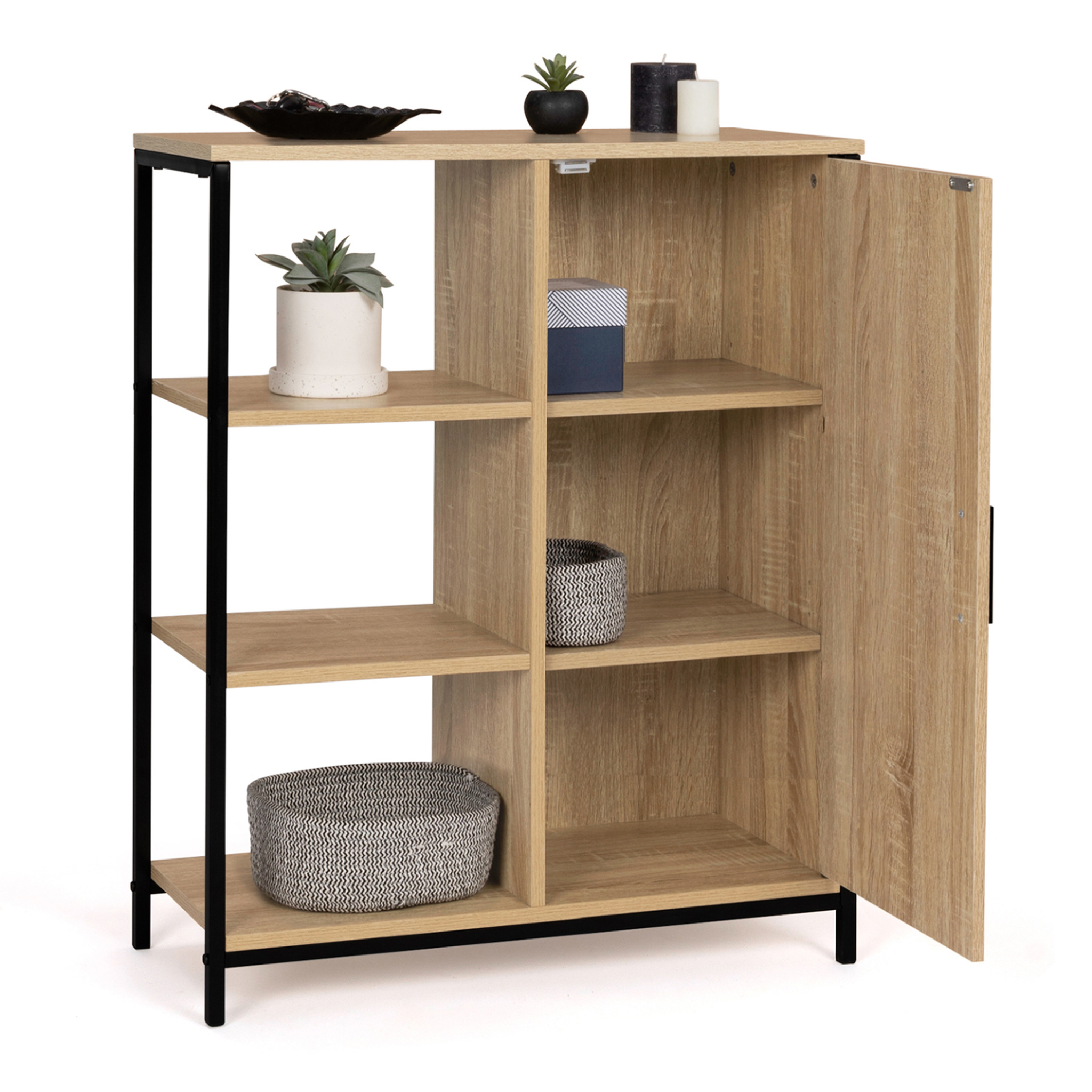Voir la diapositive 4 : ID MARKET Buffet d'appoint 3 étagères et placard 70 cm detroit design industriel