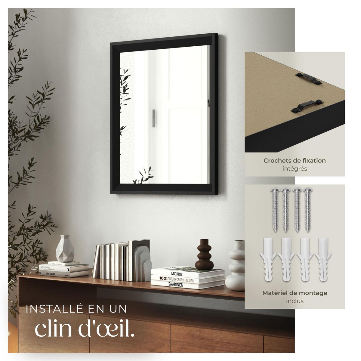 tectake Miroir mural rectangulaire 40,6 x 3,8 x 50,8 cm noir