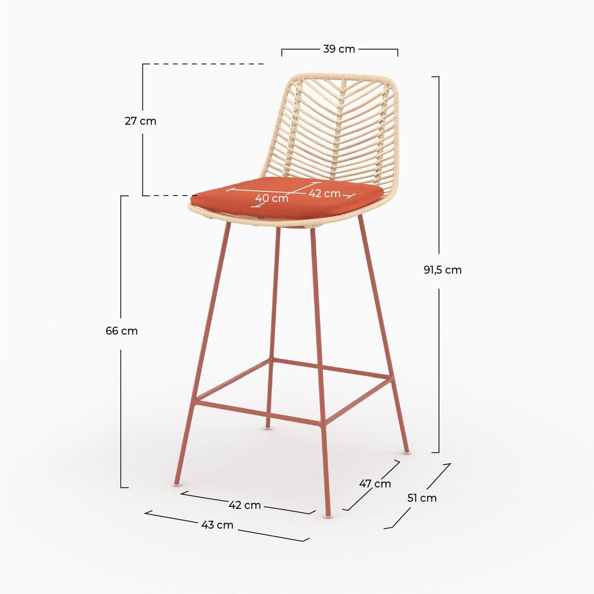Voir la diapositive 4 : MAISON PAVANE Lot de 2 chaises pour îlot central 66 cm en rotin et tissu orange-tamara