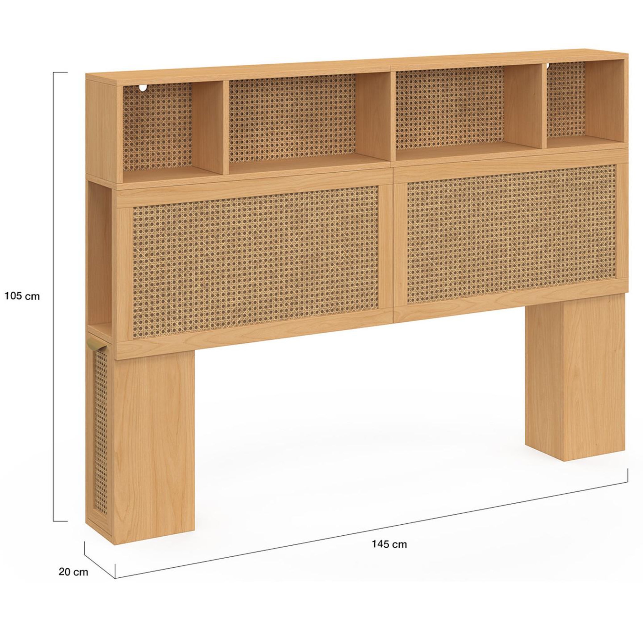 Voir la diapositive 4 : ID MARKET Tête de lit edhen 145 cm avec rangements fermés et niches cannage et bois