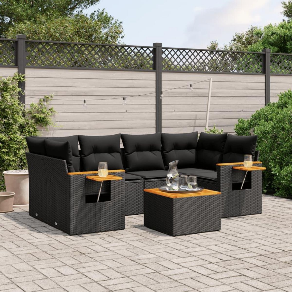VIDAXL Salon de jardin 7 pcs avec coussins noir resine tressee