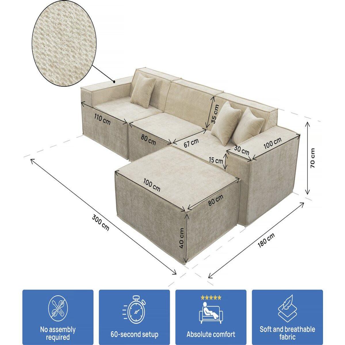 Habitat et Jardin Canapé droit modulable avec ottoman en tissu texturé  Lusso  - 4 places - Beige