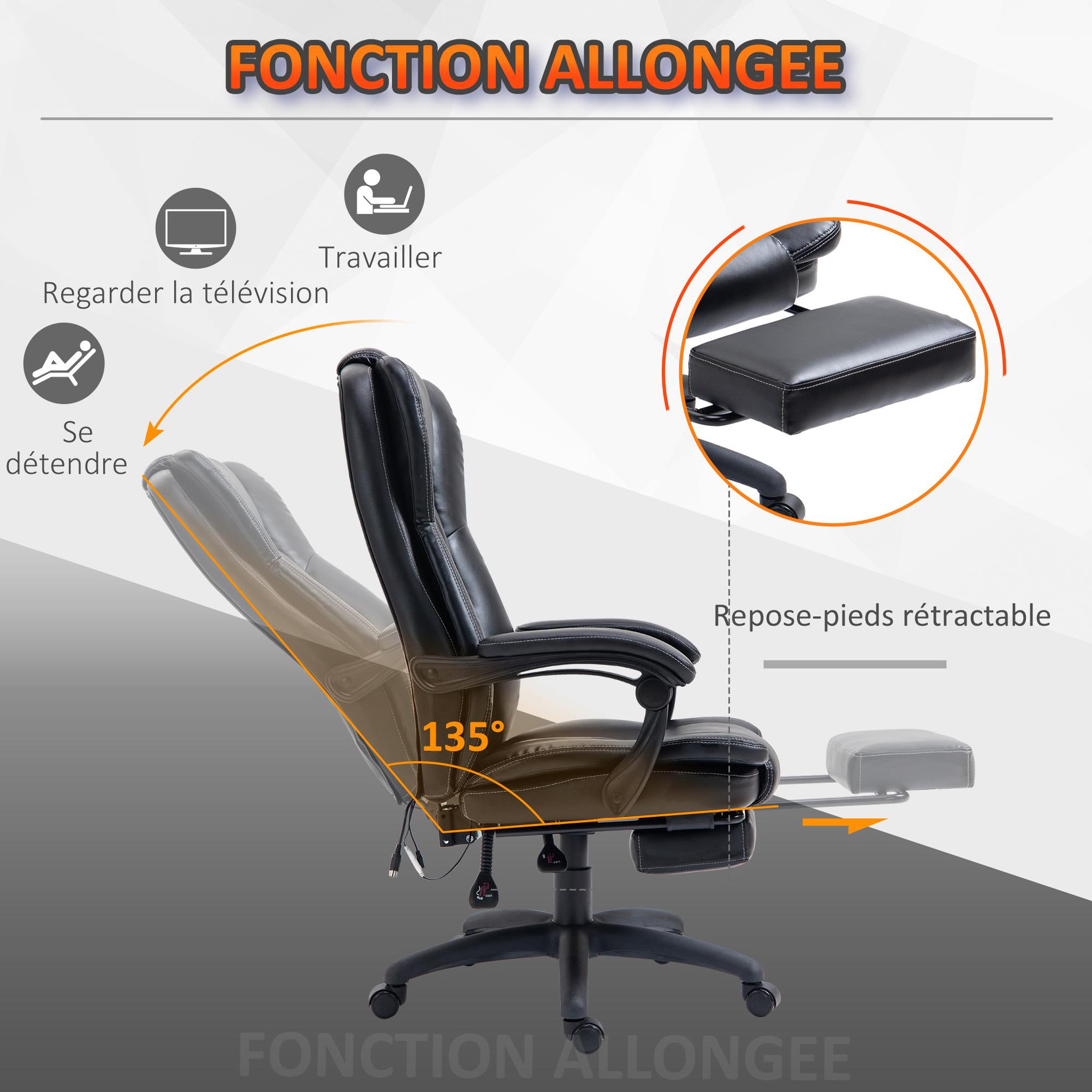 Voir la diapositive 5 : VINSETTO Fauteuil bureau massant inclinable réglable repose-pieds rétractable grand confort synthétique noir