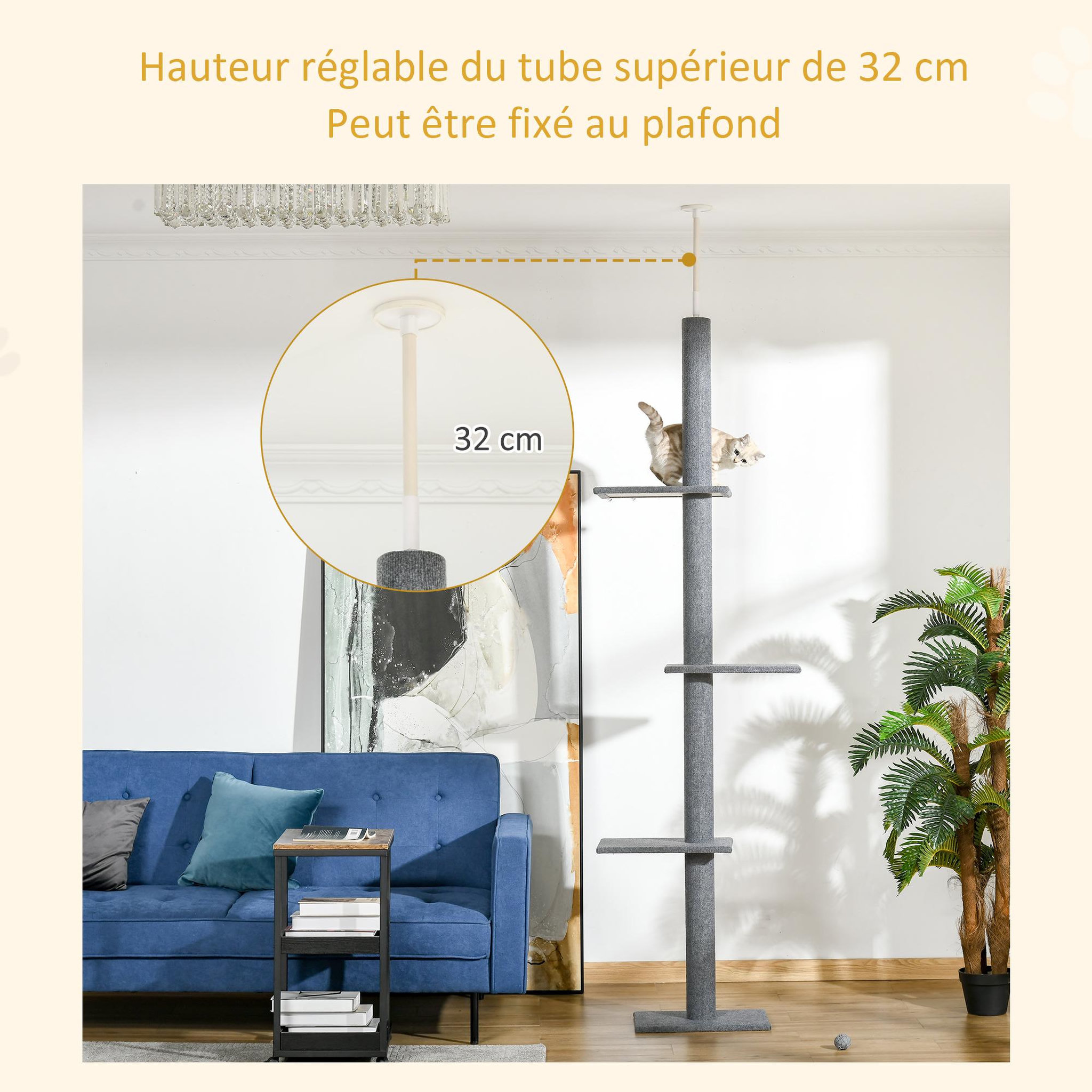 Voir la diapositive 4 : PAWHUT Arbre à chat poteau à griffer hauteur réglable dim. 43l x 27i x 228-260h cm 4 niveaux d'activités gris clair