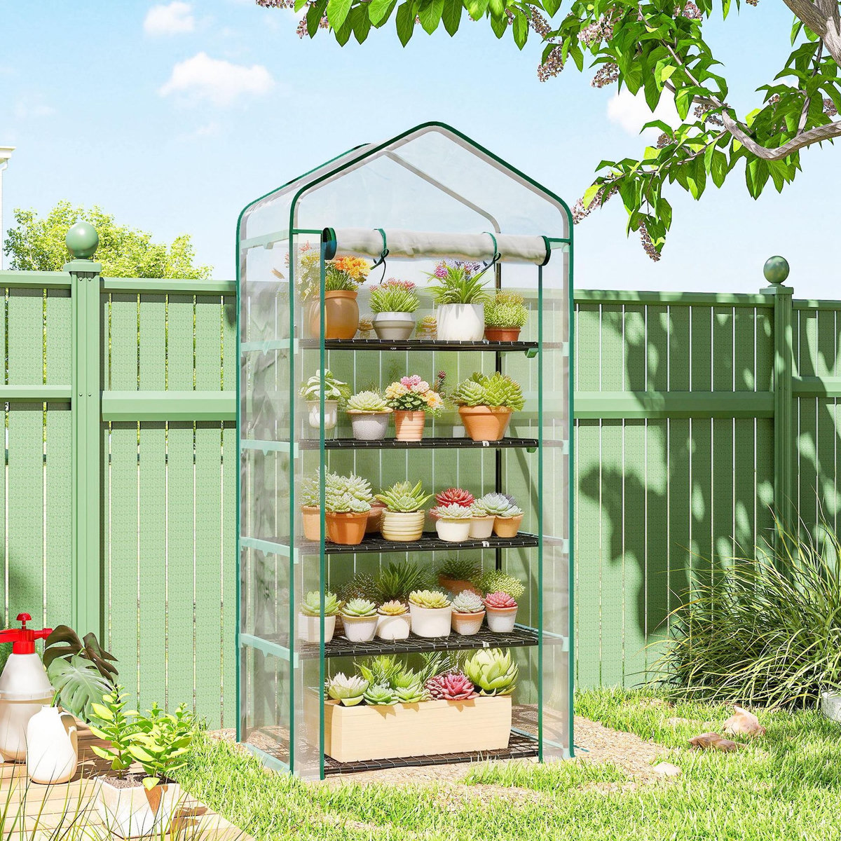 OUTSUNNY Serre de jardin balcon 5 niveaux porte acier PE transparent