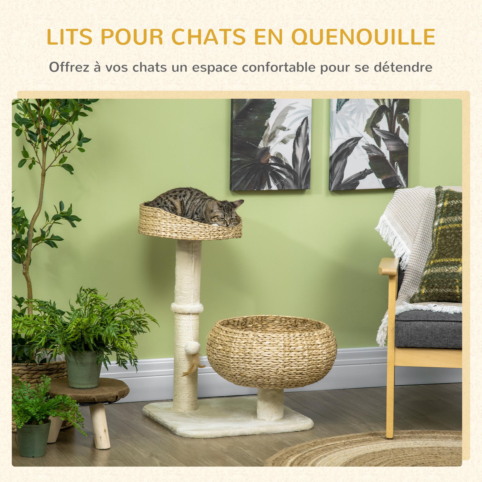 Voir la diapositive 4 : PAWHUT Arbre à chat griffoir 2 niveaux hauteur 72 cm poteau sisal avec niche et plate-forme 1 balle suspendue beige