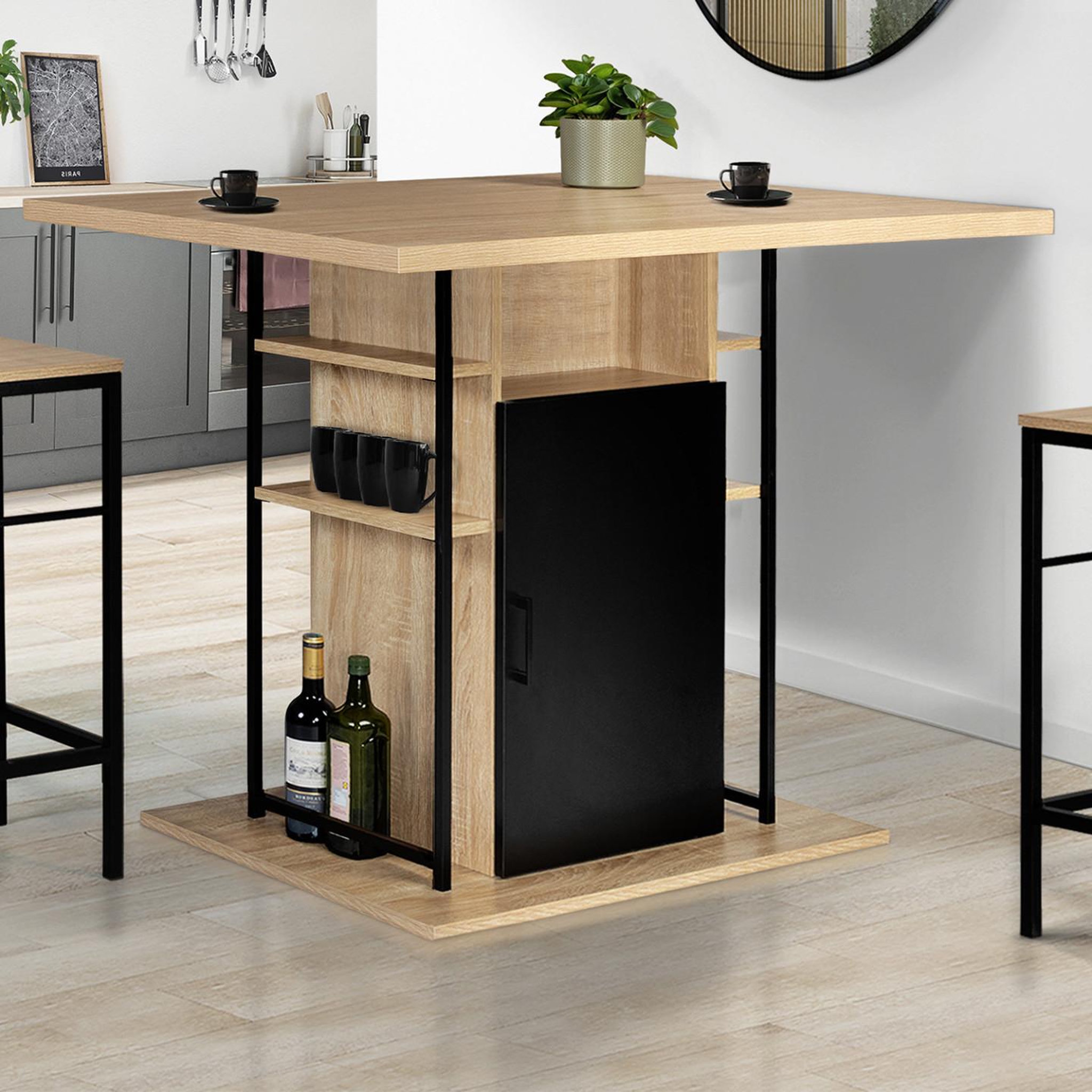 Voir la diapositive 2 : ID MARKET Ilot central ugo 110 cm bois noir et imitation hêtre avec rangements design industriel