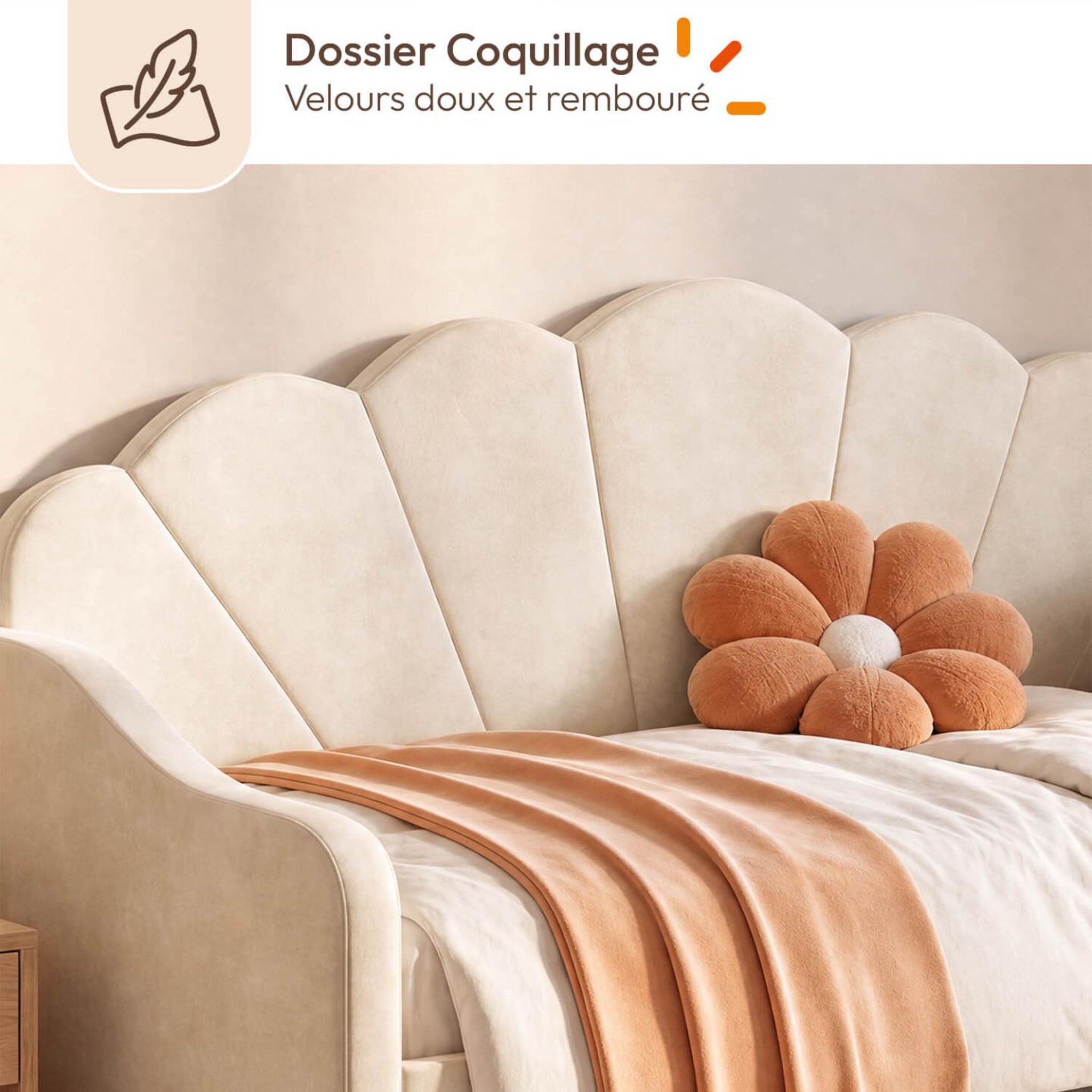 Voir la diapositive 5 : ID MARKET Lit banquette gigogne coquillage amanda 2 x 90 x 190 cm avec 2 sommiers velours beige
