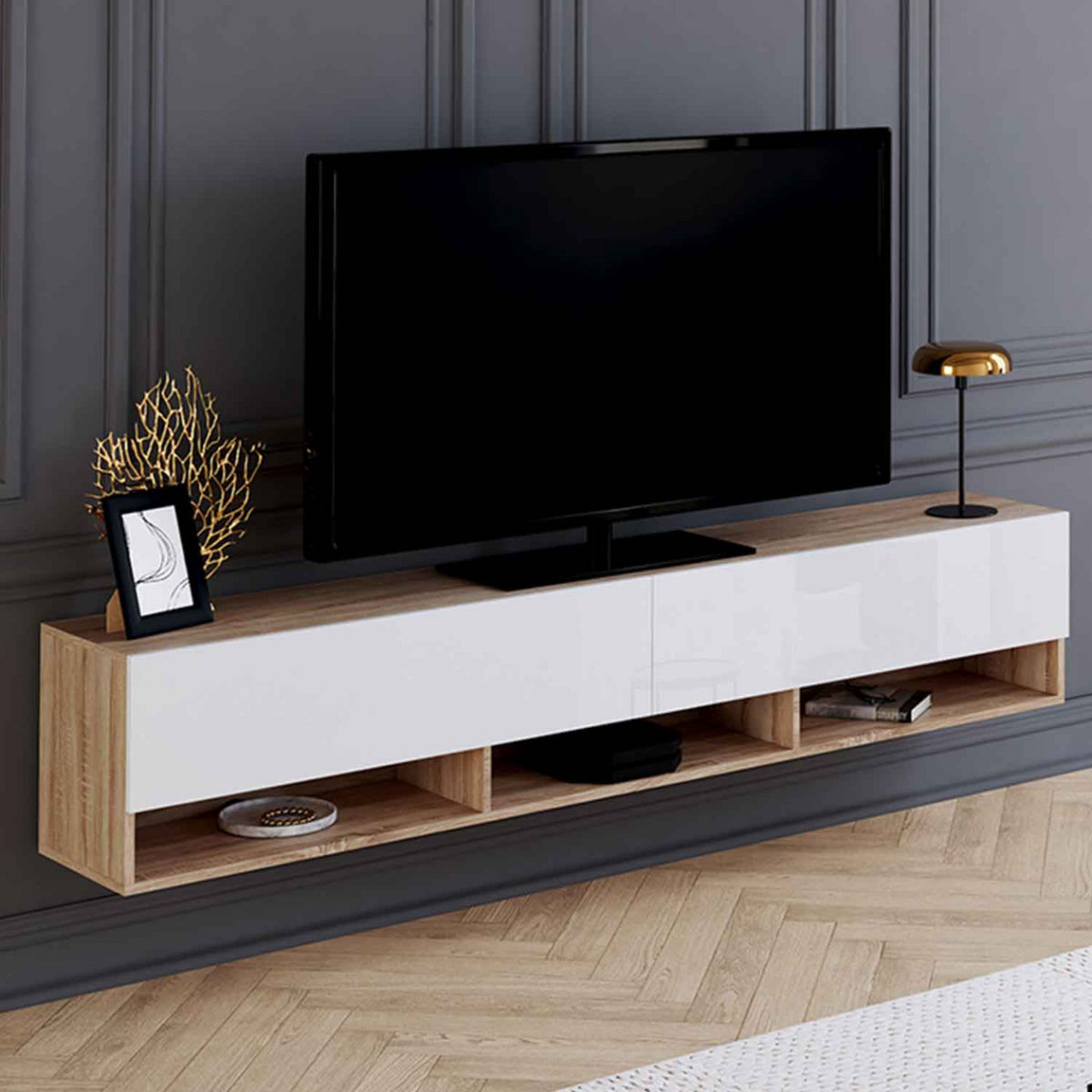 ID MARKET Meuble TV 180 cm suspendu ELIO 2 portes avec étagère bois et blanc