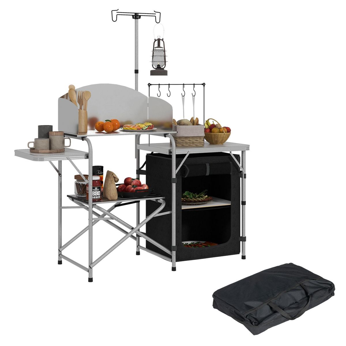 OUTSUNNY Rangement cuisine de camping pliable étagères tablette station de cuisson alu tissu noir