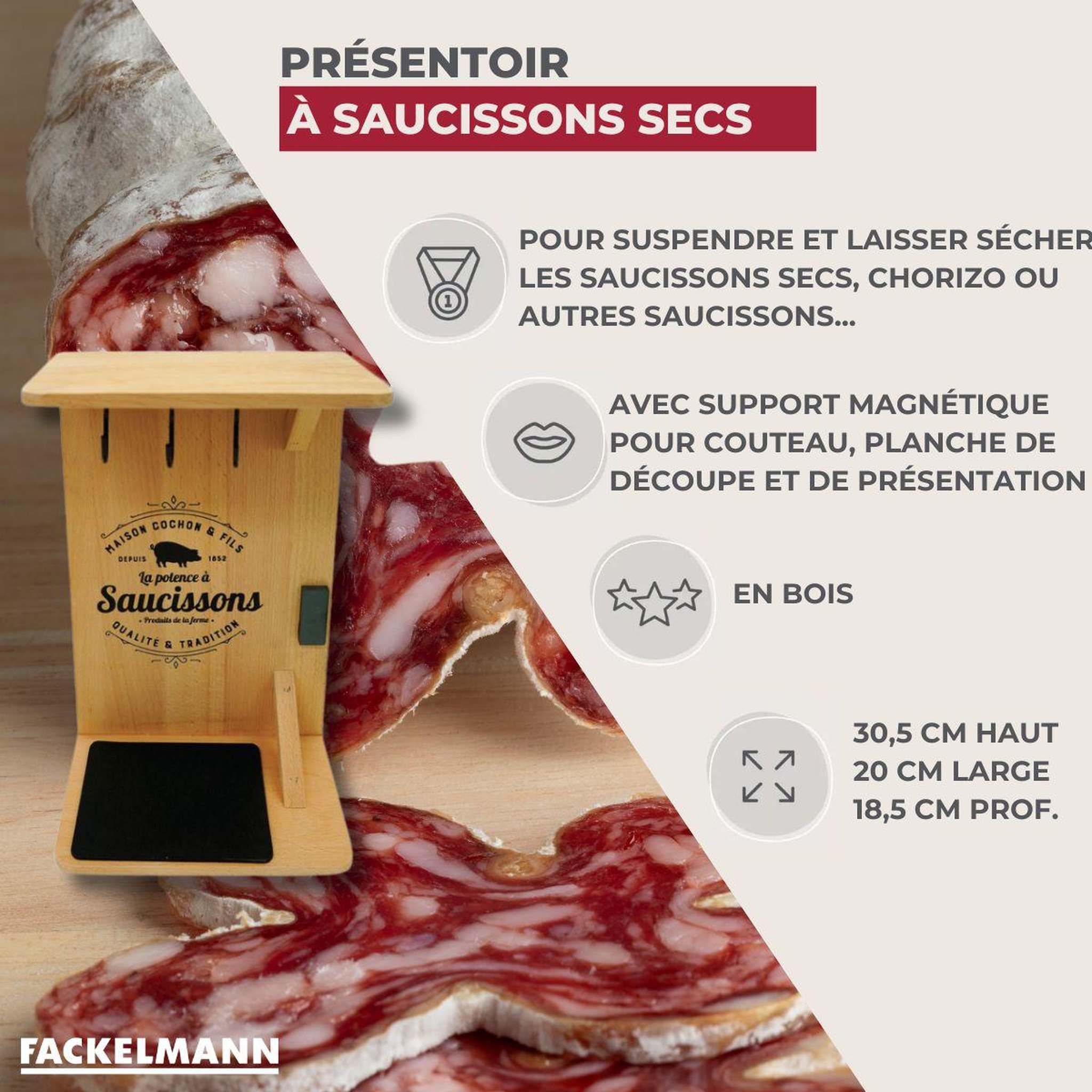 Voir la diapositive 3 : Fackelmann Support en bois pour saucisson sec avec crochets Fackelmann