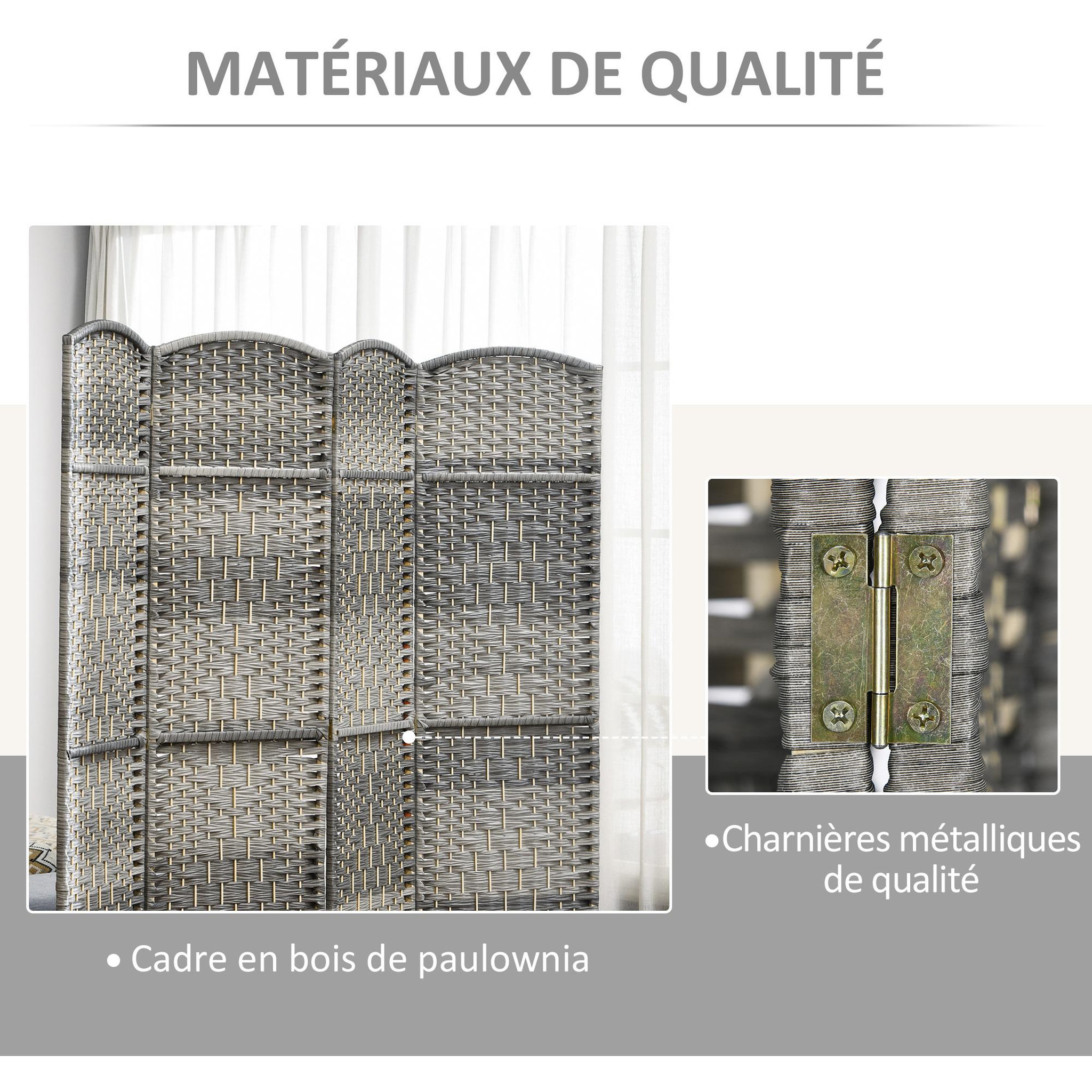 Voir la diapositive 4 : HOMCOM Paravent intérieur 6 panneaux pliables en bois séparateur de pièce style bohème tissé gris