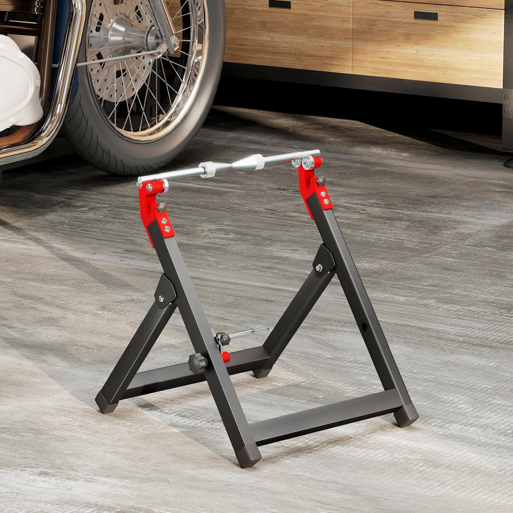 Voir la diapositive 4 : HOMCOM Équilibreuse moto pliable - équilibreuse manuelle de roues de moto - compatible jusqu'à 21 pouces - acier noir alu