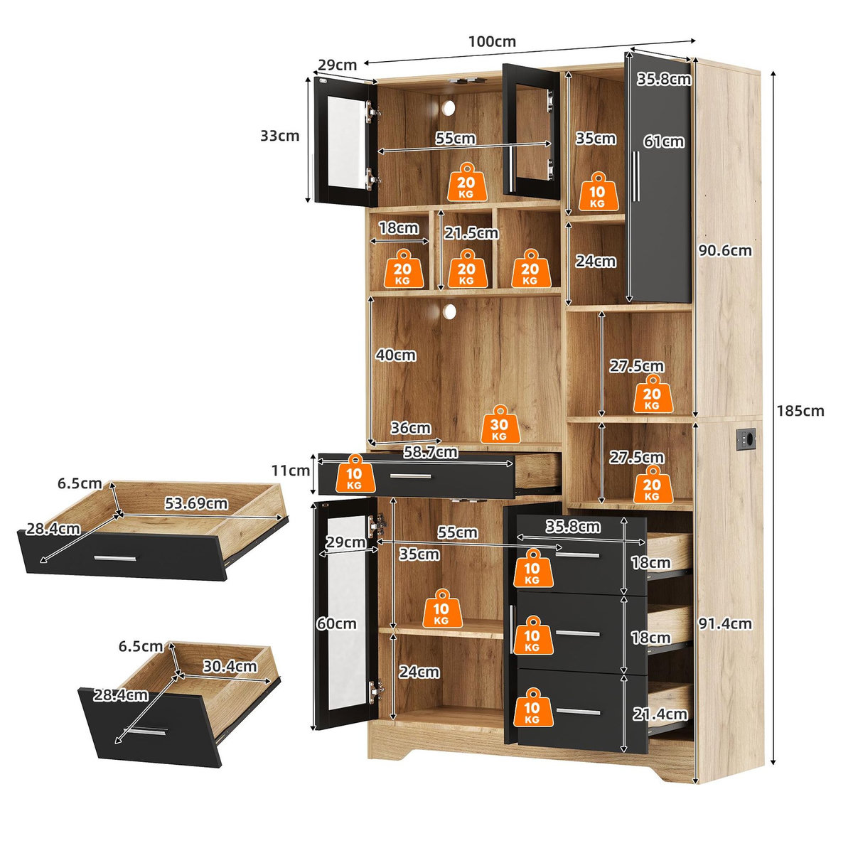 MERAX Buffet de cuisine 5 portes 4 tiroirs - 100 cm naturel+noir led mdf